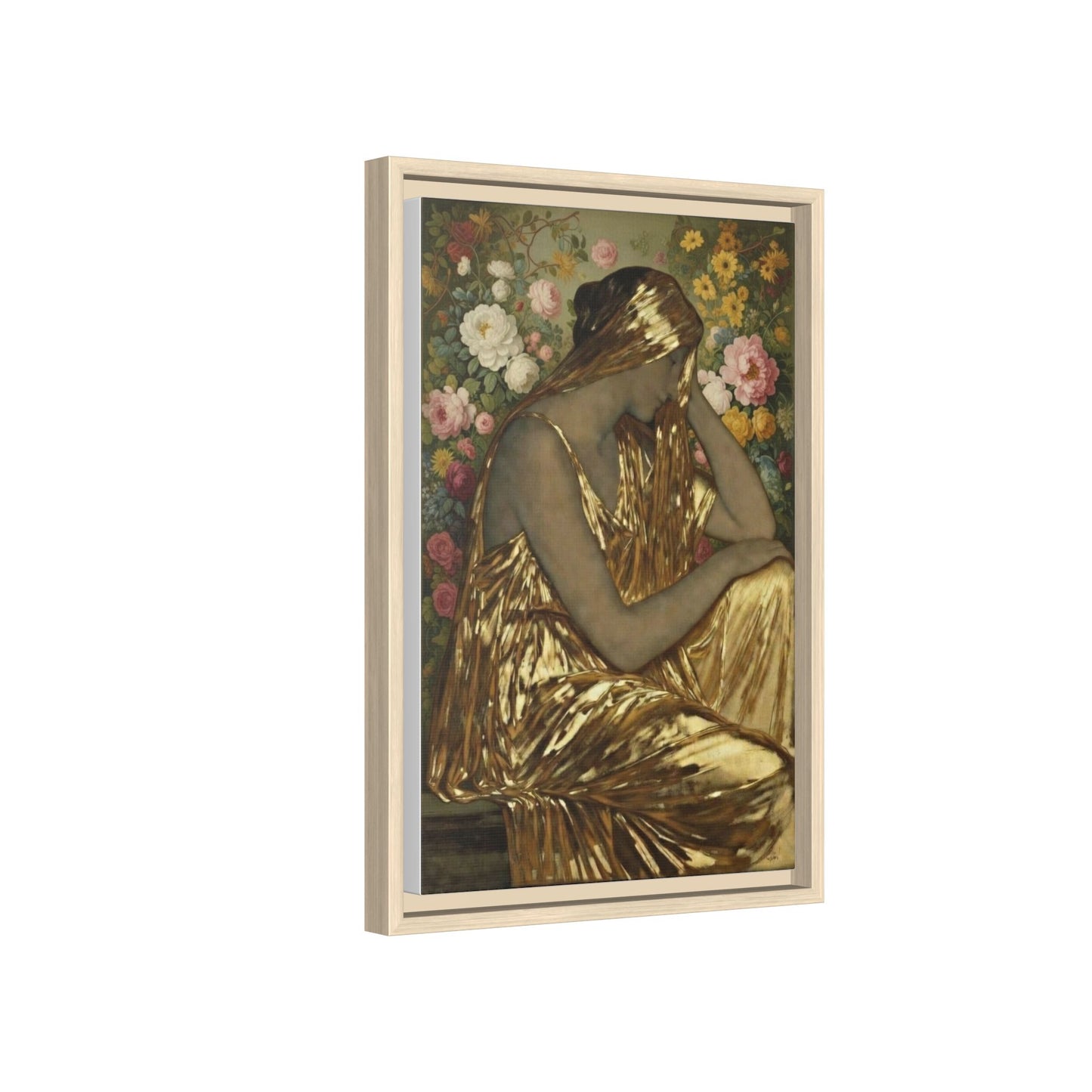 Framed Canvas Art Print — Golden Muse Woman with Floral Background