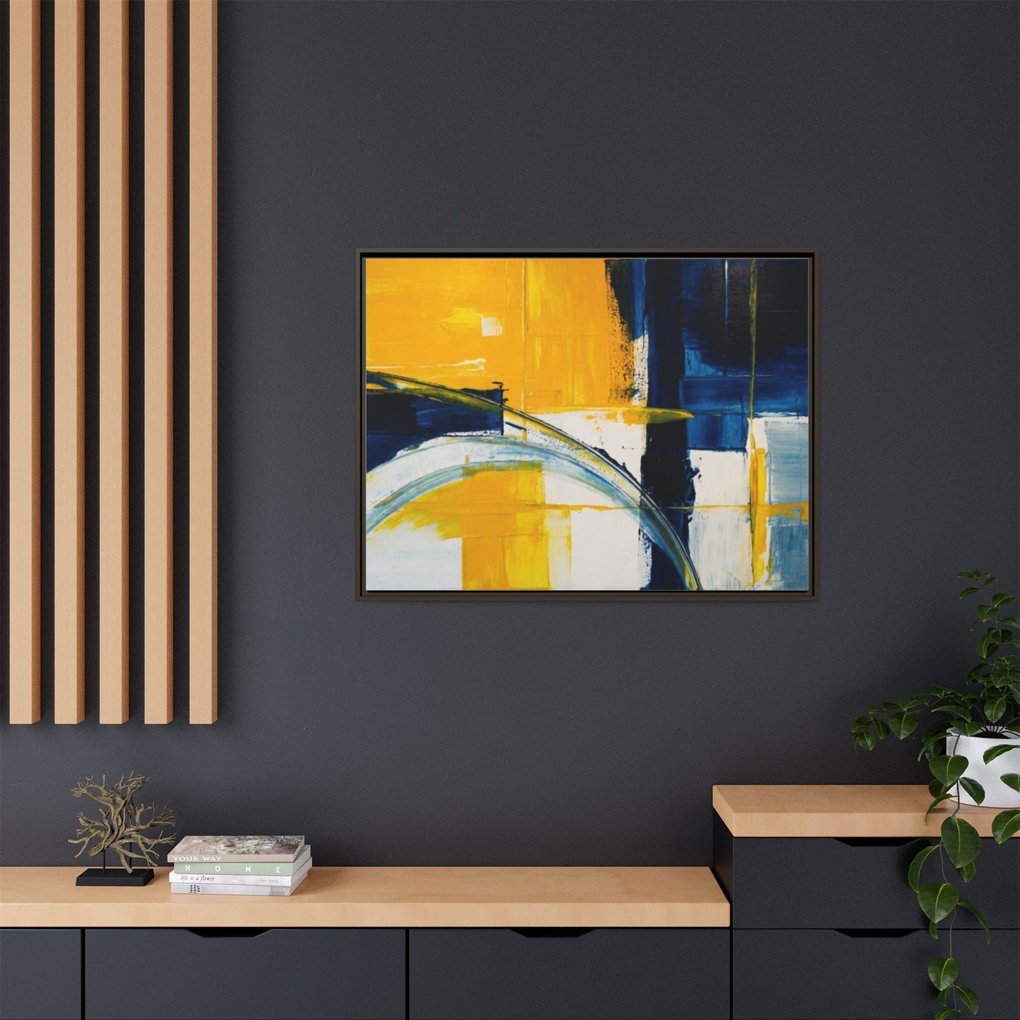 Abstract Yellow & Blue Framed Canvas Wall Art — Modern Matte Canvas Print