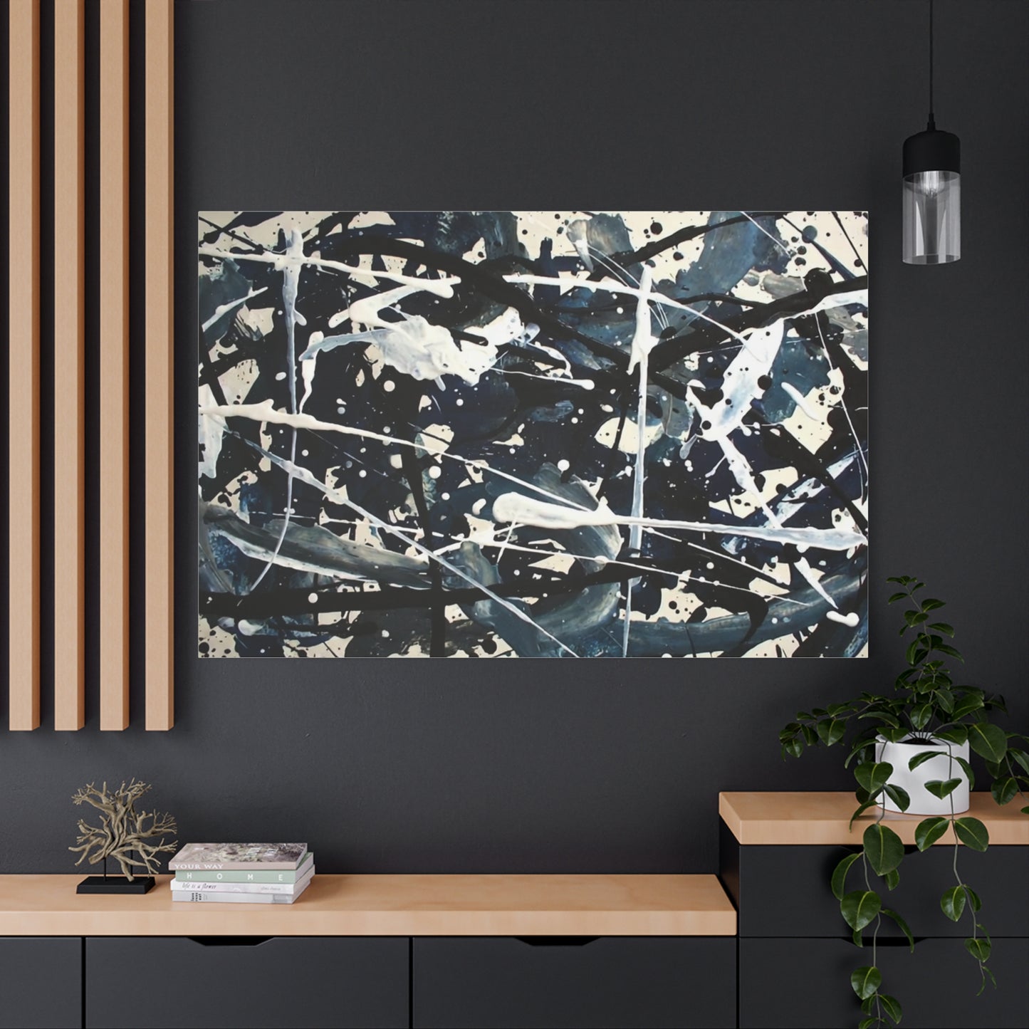 Abstract Drip Painting Canvas Print — Blue & Black Modern Wall Art (Matte Stretched)
