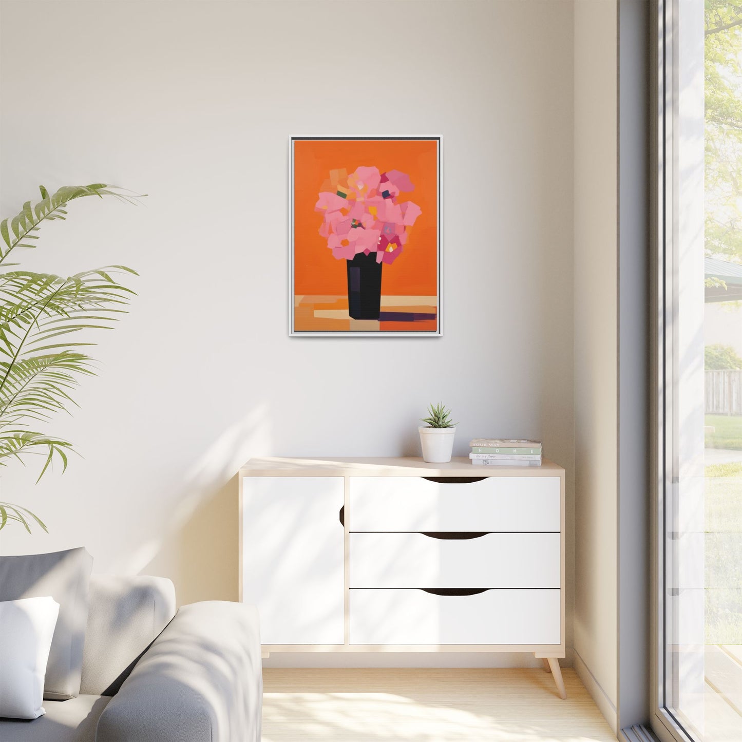 Framed Floral Canvas Art — Pink Bouquet on Orange Background