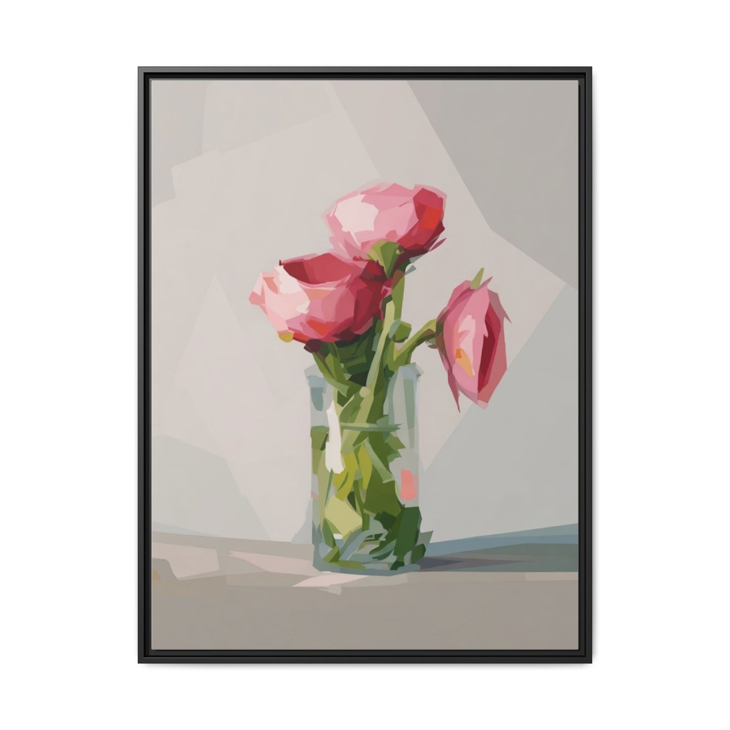 Framed Canvas Art — Pink Roses in Vase, Modern Floral Wall Print