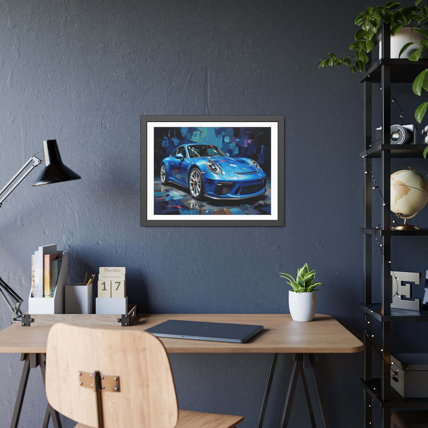 Blue Sports Car Framed Poster — Modern Automotive Wall Art