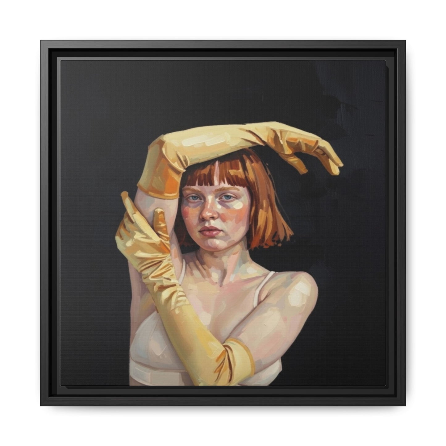 Framed Matte Canvas Art – Portrait of Woman in Yellow Gloves