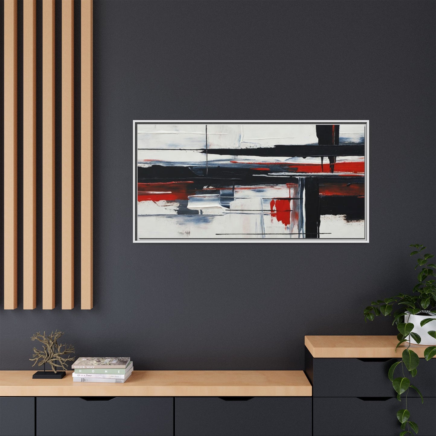 Abstract Red & Black Framed Canvas Art — Modern Matte Wall Painting