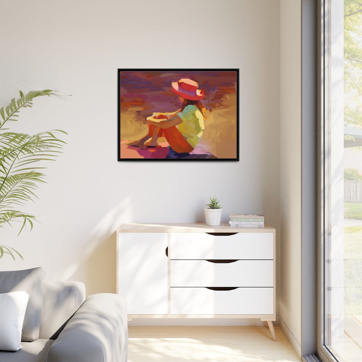 Framed Matte Canvas — Colorful Seated Girl Beach Art