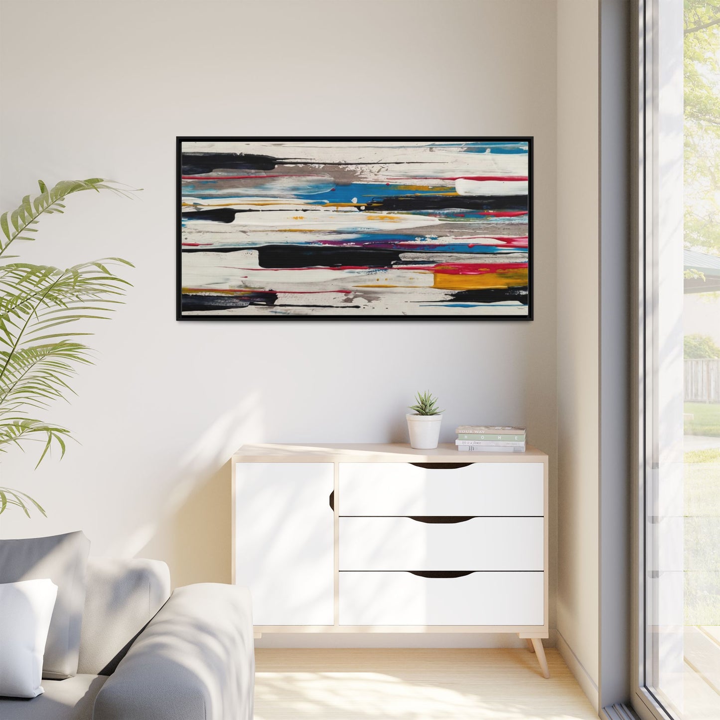 Abstract Multi-Color Framed Canvas Wall Art — Modern Horizontal Brushstroke Print