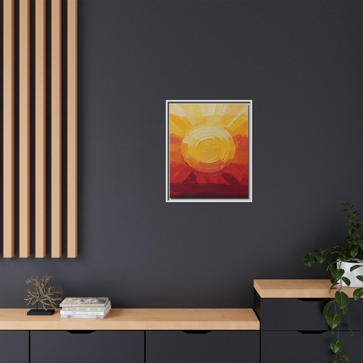 Sunburst Abstract Framed Canvas Art — Matte Multi‑Color Wall Print