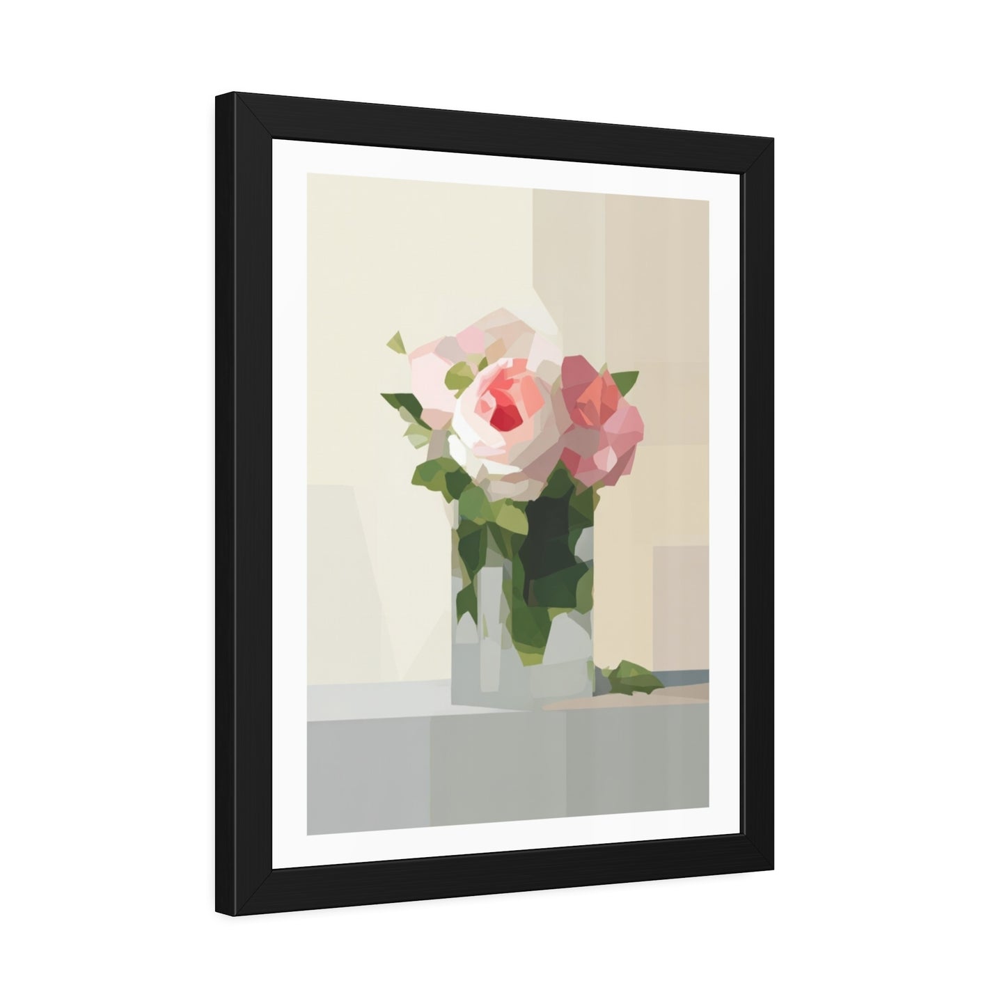 Framed Floral Poster — Geometric Pink Rose Wall Art