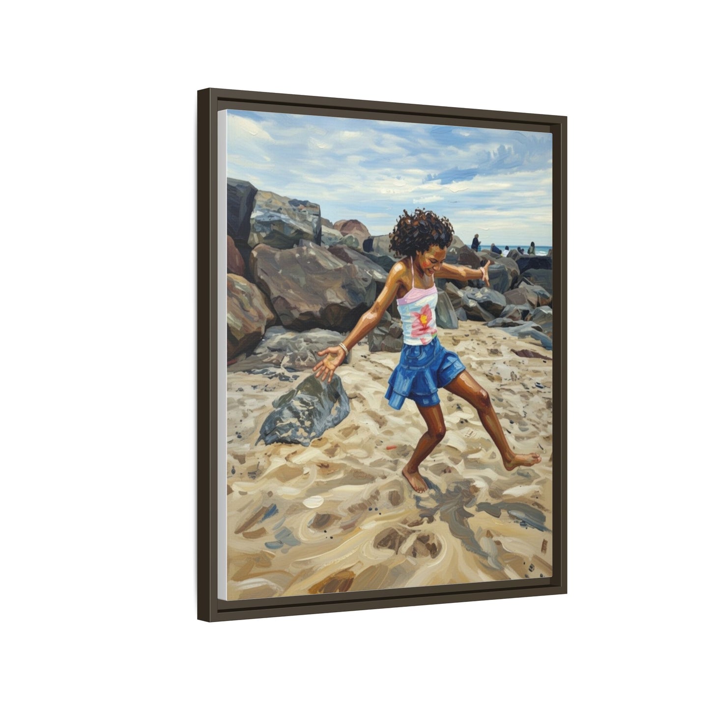 Framed Canvas Art - Girl Dancing on the Beach (Matte Multi-Color)