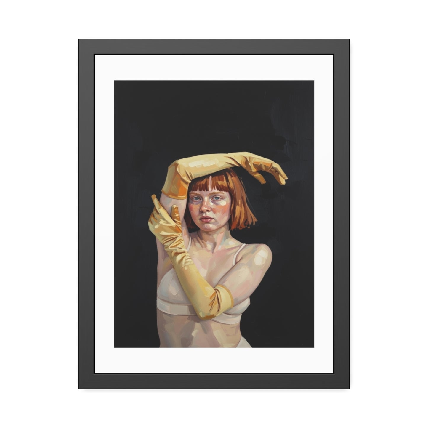 Framed Art Poster — Portrait of Redhead Woman in Yellow Gloves (Gallery Wall Print)