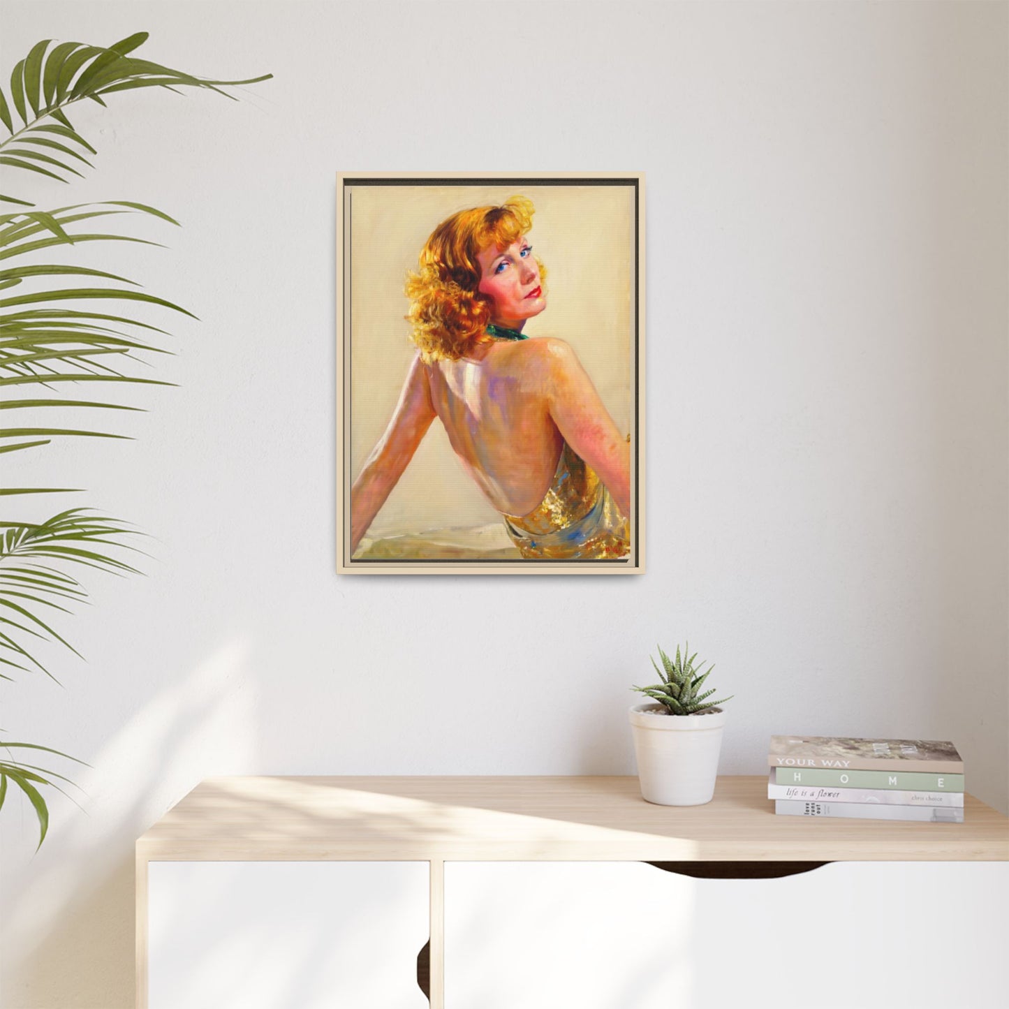 Framed Matte Canvas Print — Vintage Portrait of Redhead Greta Garbo in Gold Dress