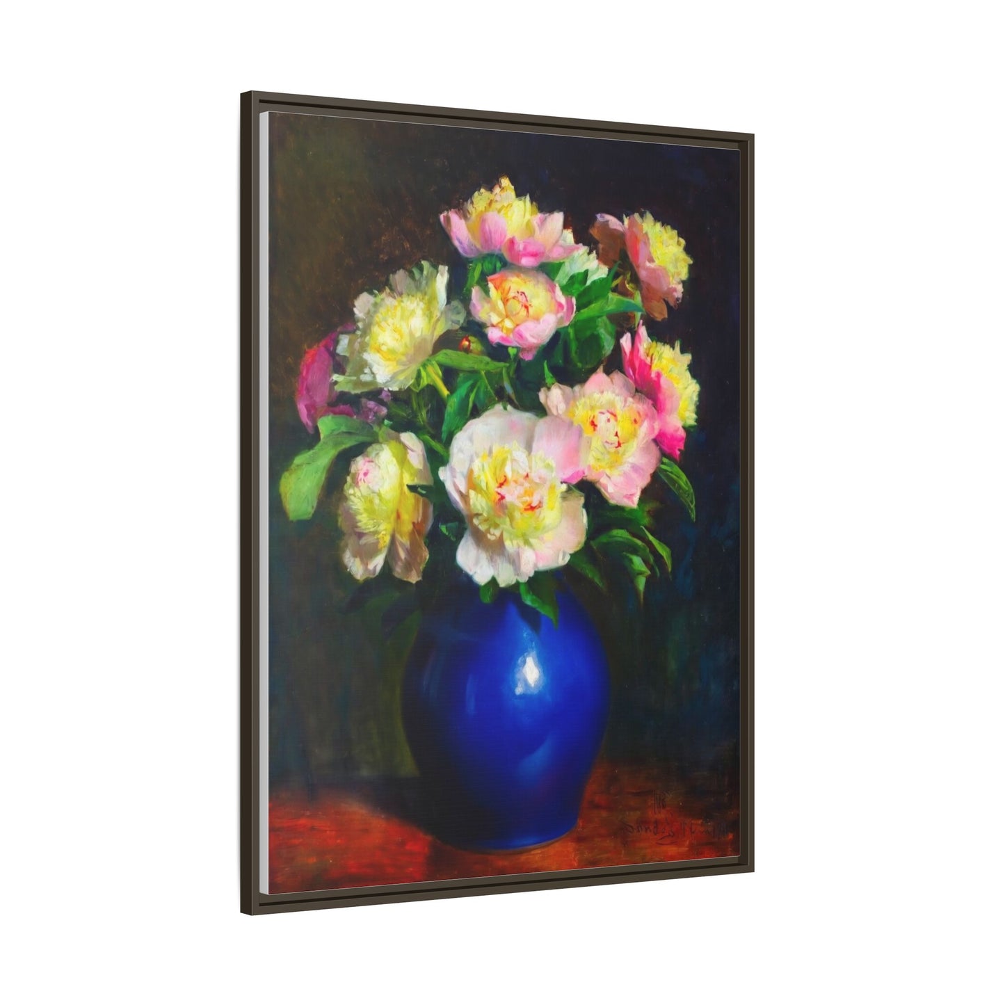 Framed Matte Canvas Wall Art — Vintage Floral Bouquet in Blue Vase