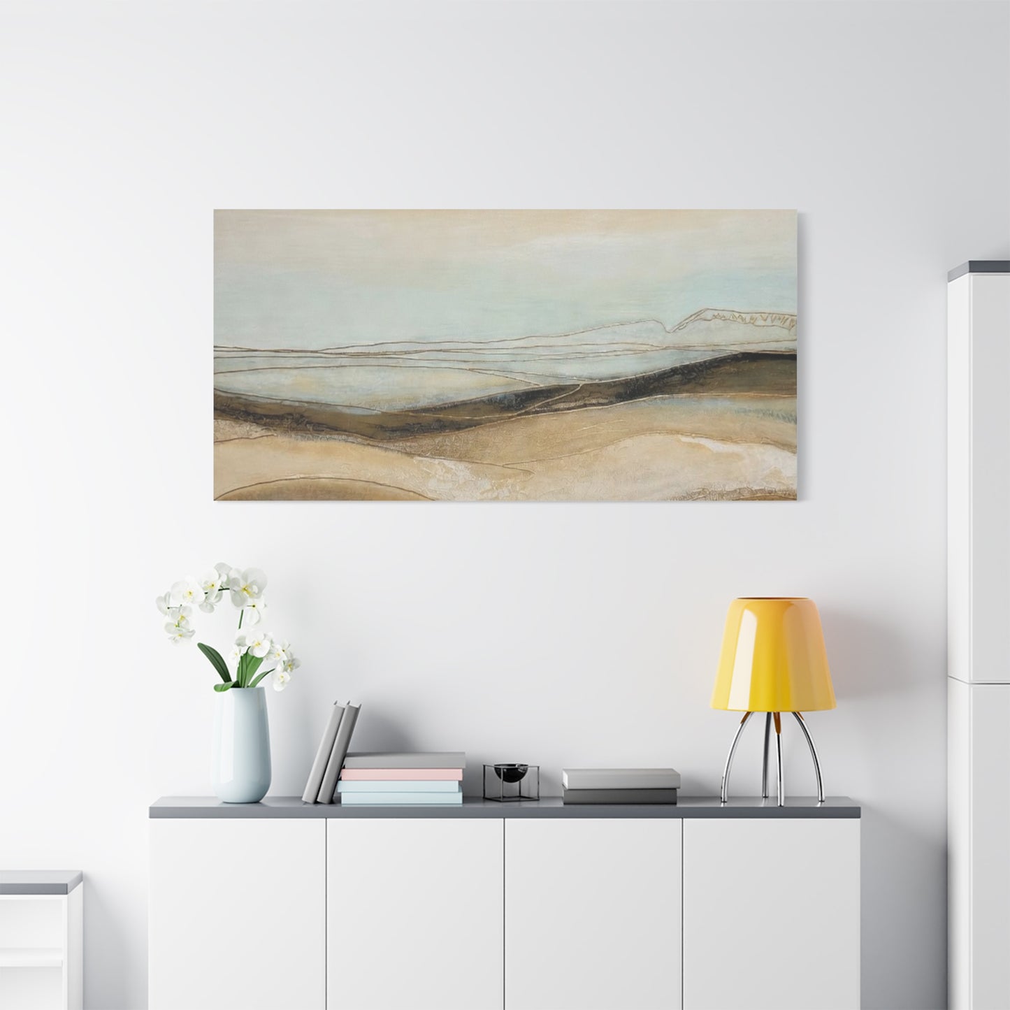 Abstract Coastal Landscape Matte Canvas Wall Art — Neutral Beach Waves Stretched Canvas