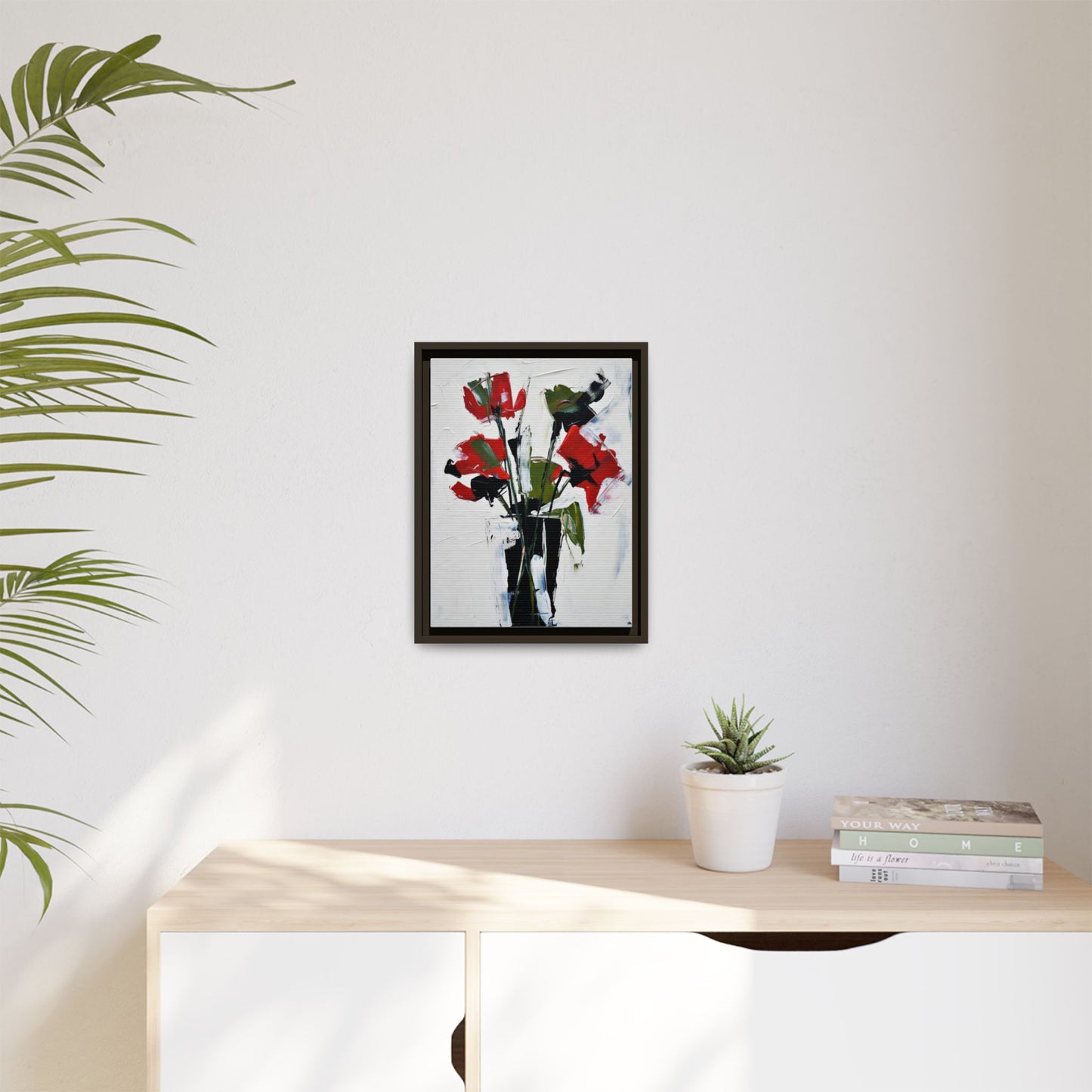 Framed Abstract Floral Canvas Print — Red Poppies in Black Vase