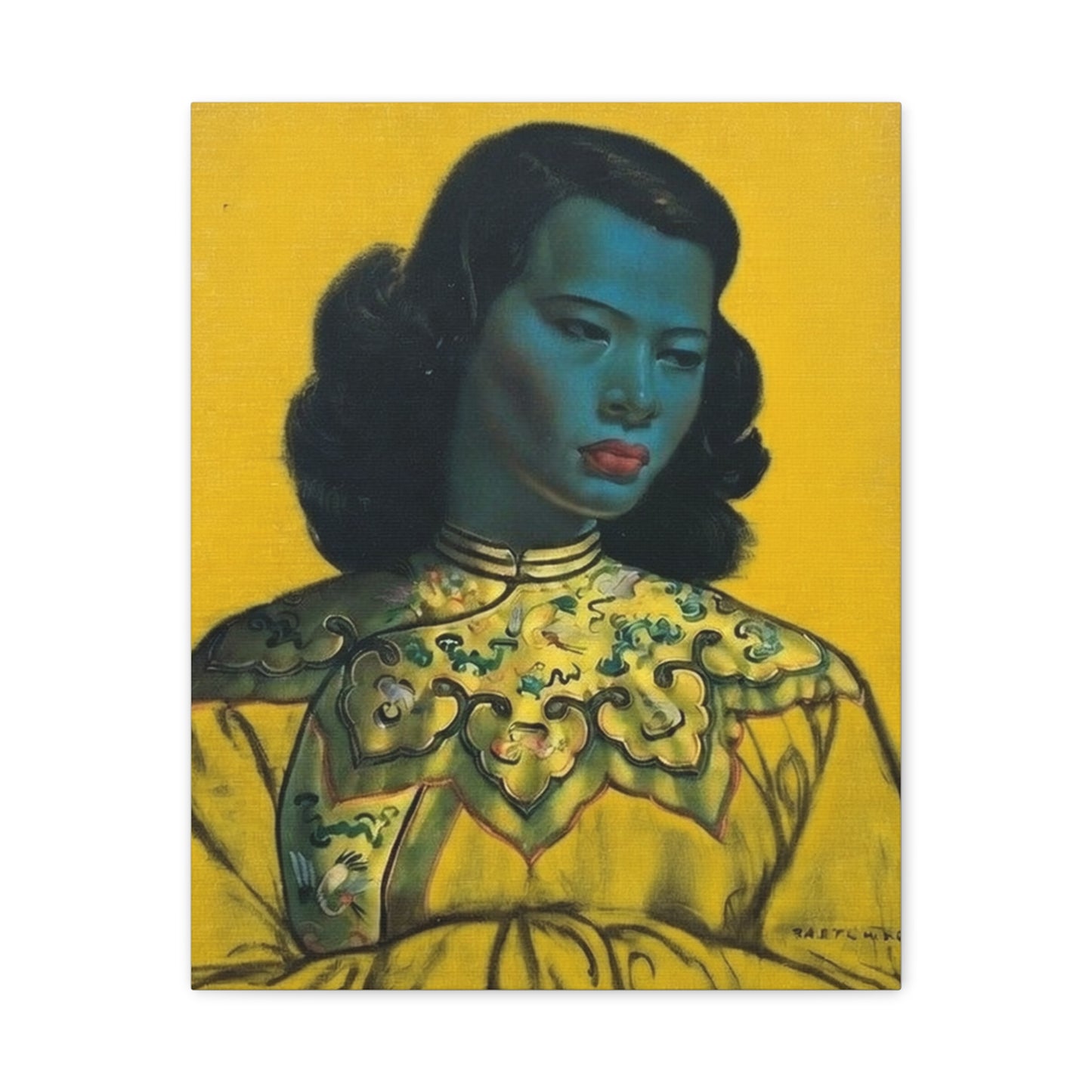 Vintage Portrait Canvas Print — Mid-Century Asian Woman Art on Yellow Background