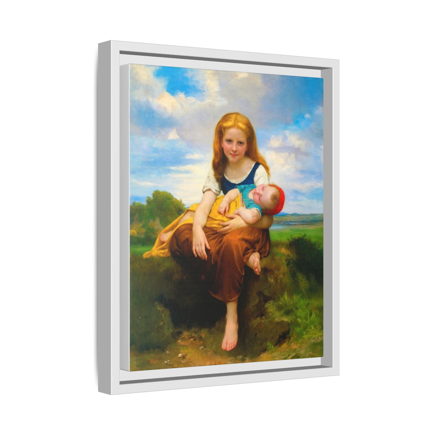 Young Girl Holding Sleeping Baby Canvas Print, Framed Wall Art