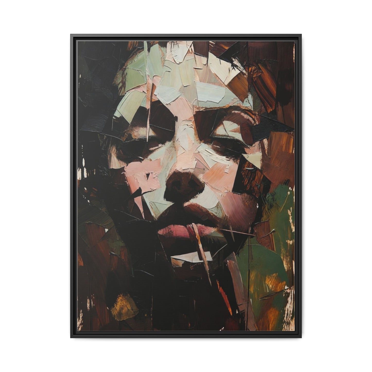 Matte Framed Canvas Art — Abstract Female Portrait, Moody Multicolor