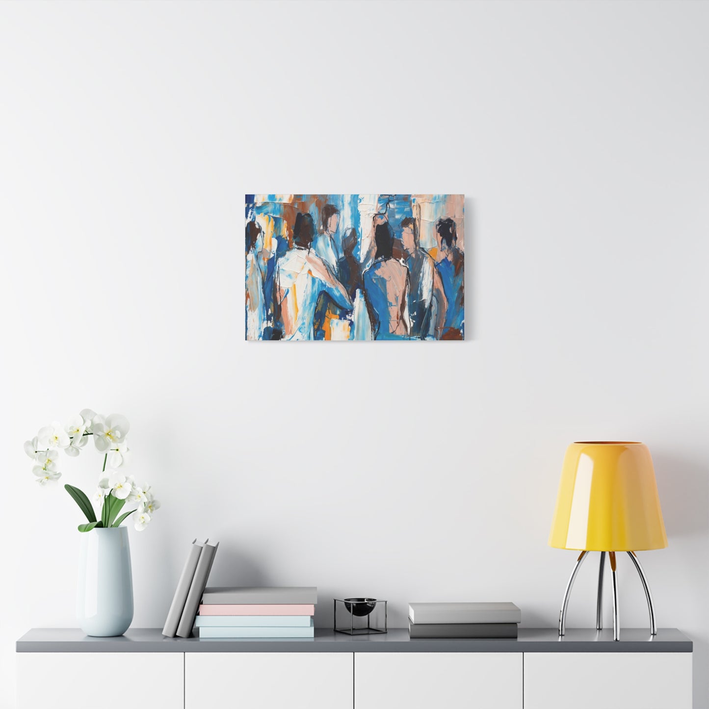 Abstract Figurative Canvas Art — Blue Social Scene Matte Stretched Canvas