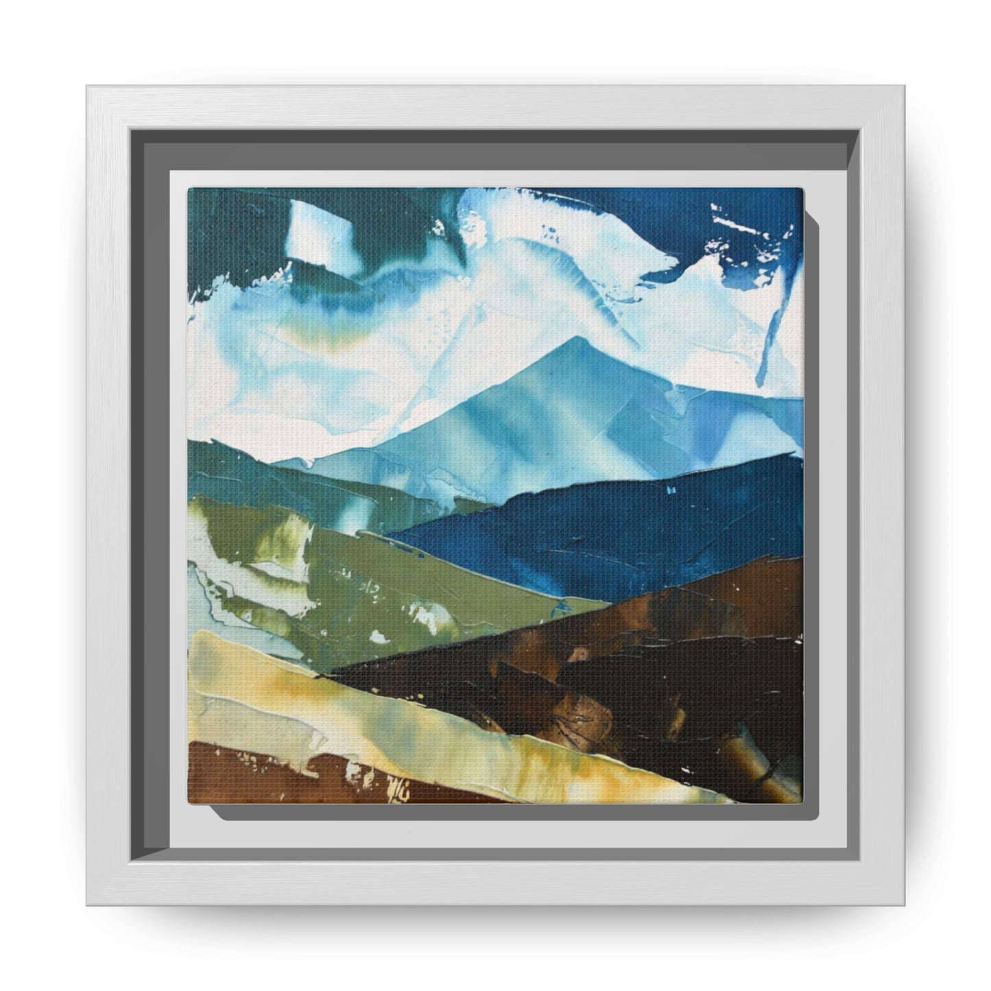 Framed Abstract Mountain Canvas Art — Blue & Earthtone Landscape Print
