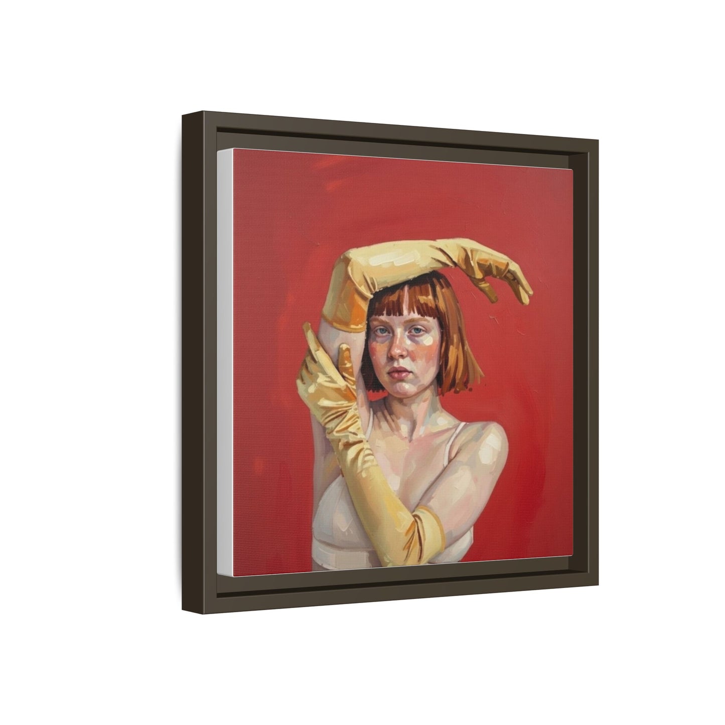 Framed Matte Canvas Art - Portrait of Woman in Yellow Gloves (Red Background)