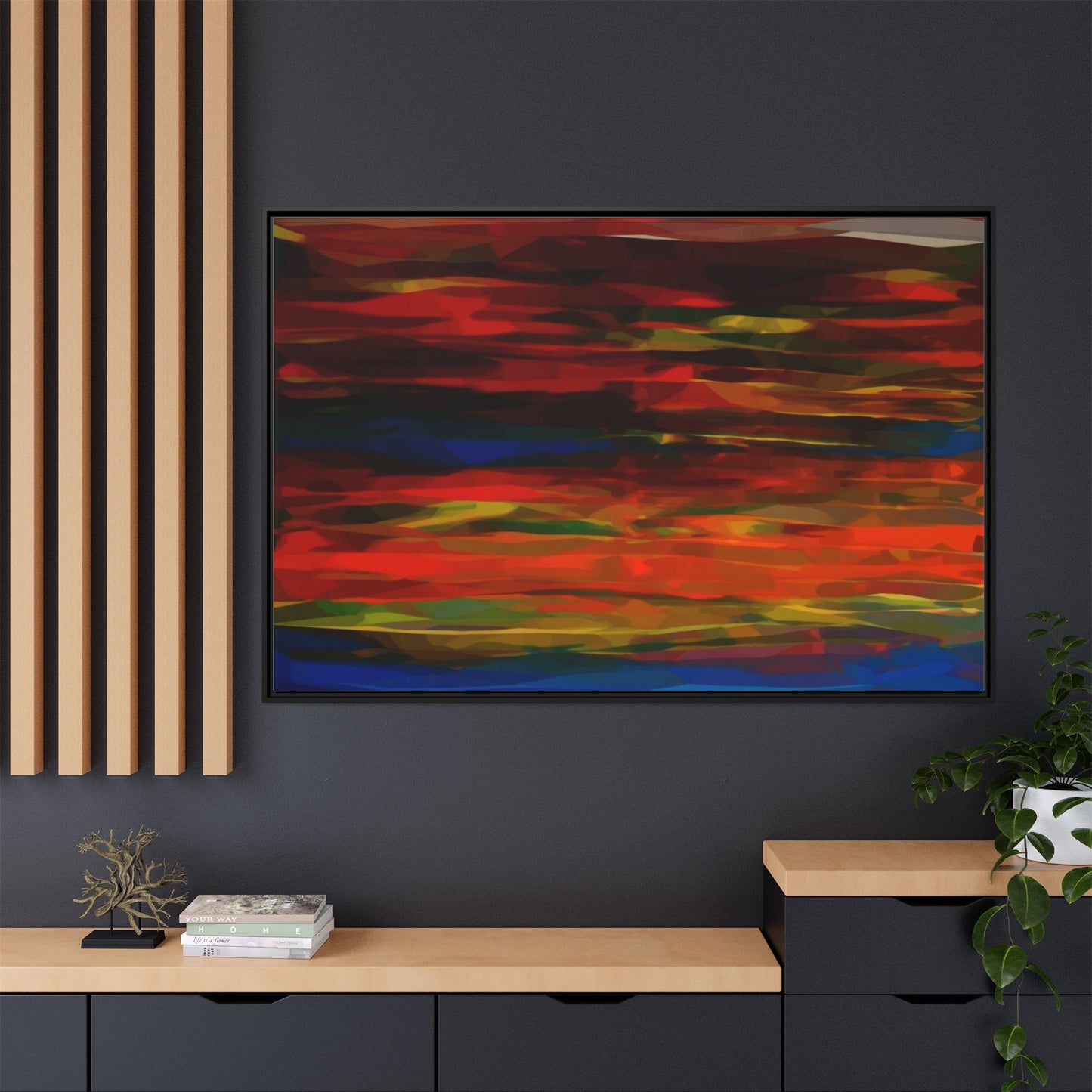 Abstract Multi-Color Matte Canvas Framed Wall Art — Bold Red & Blue Modern Painting