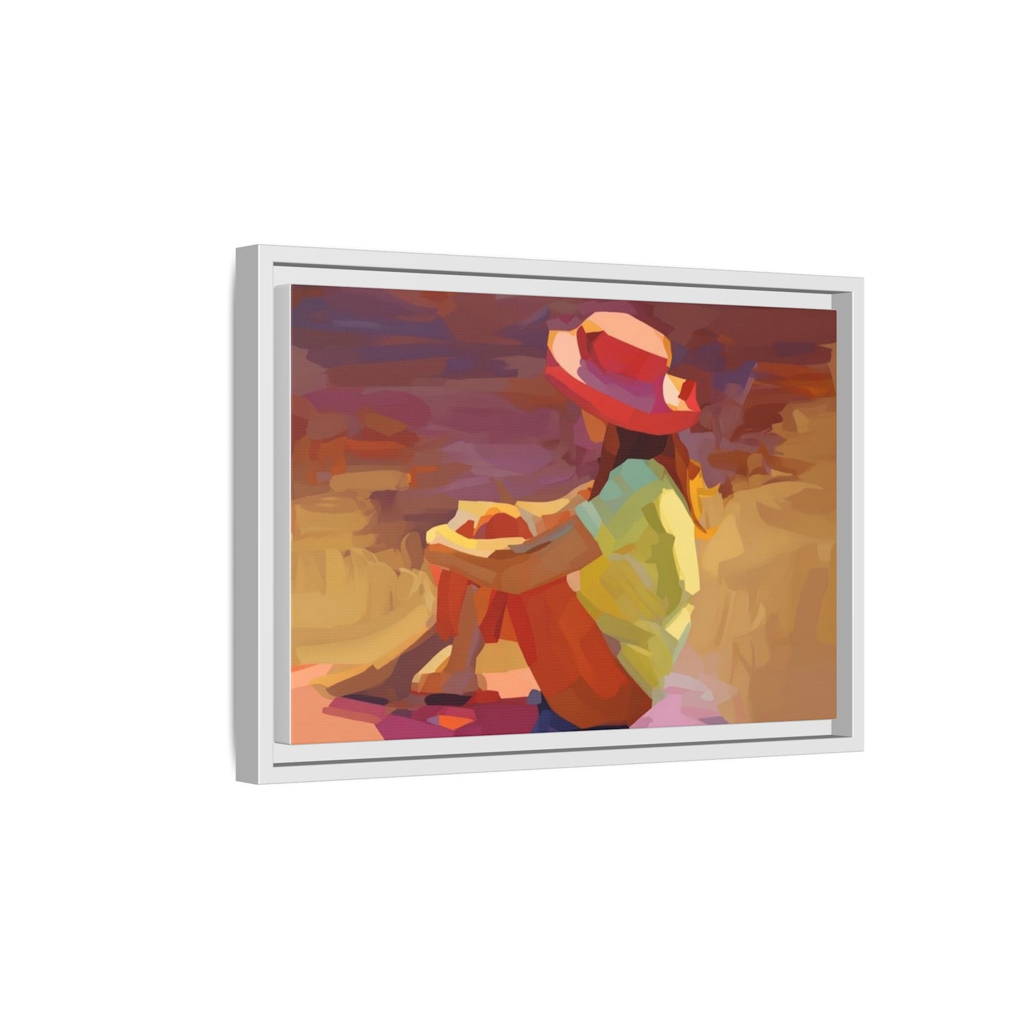 Framed Matte Canvas — Colorful Seated Girl Beach Art