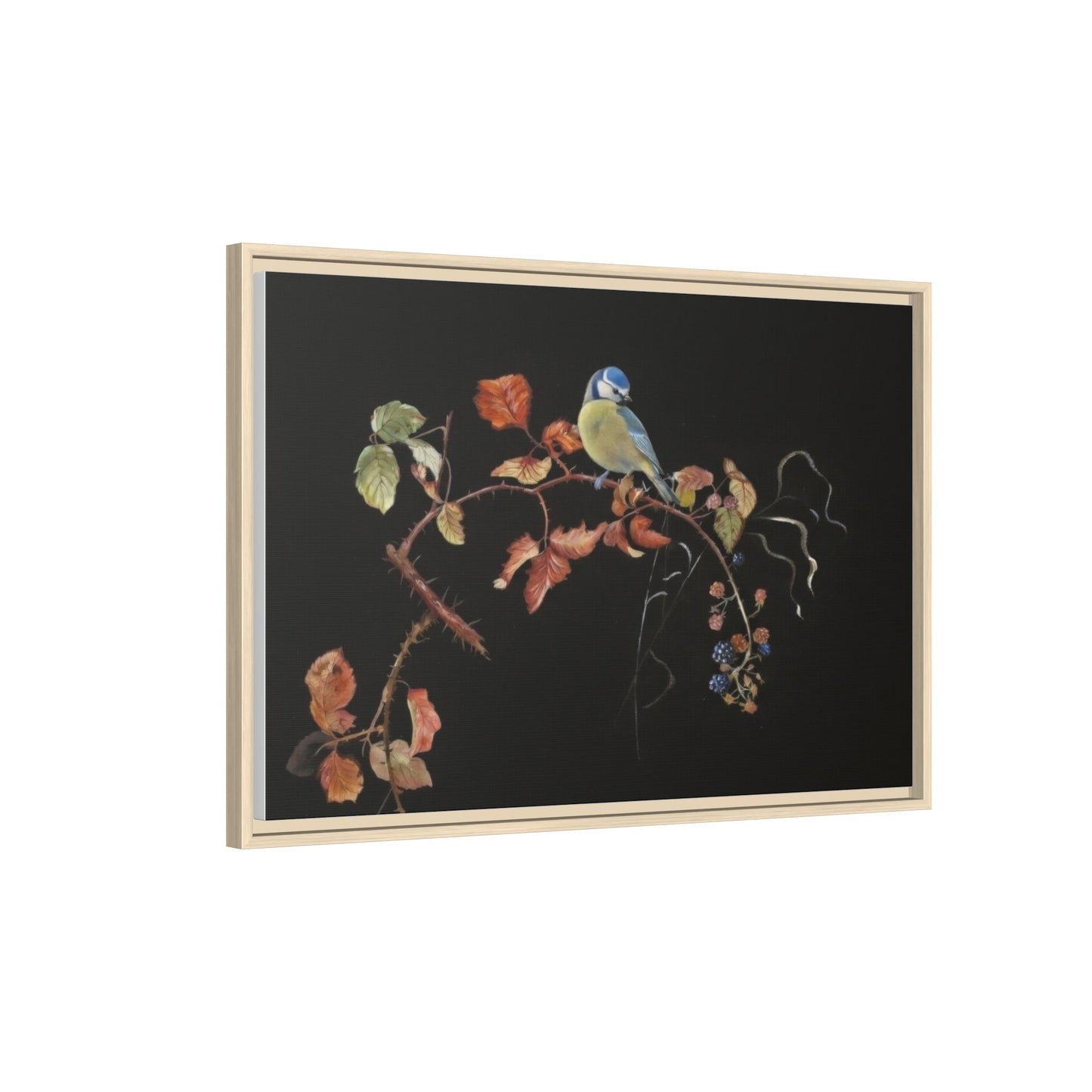 Framed Matte Canvas - Blue Tit on Autumn Branch Wall Art