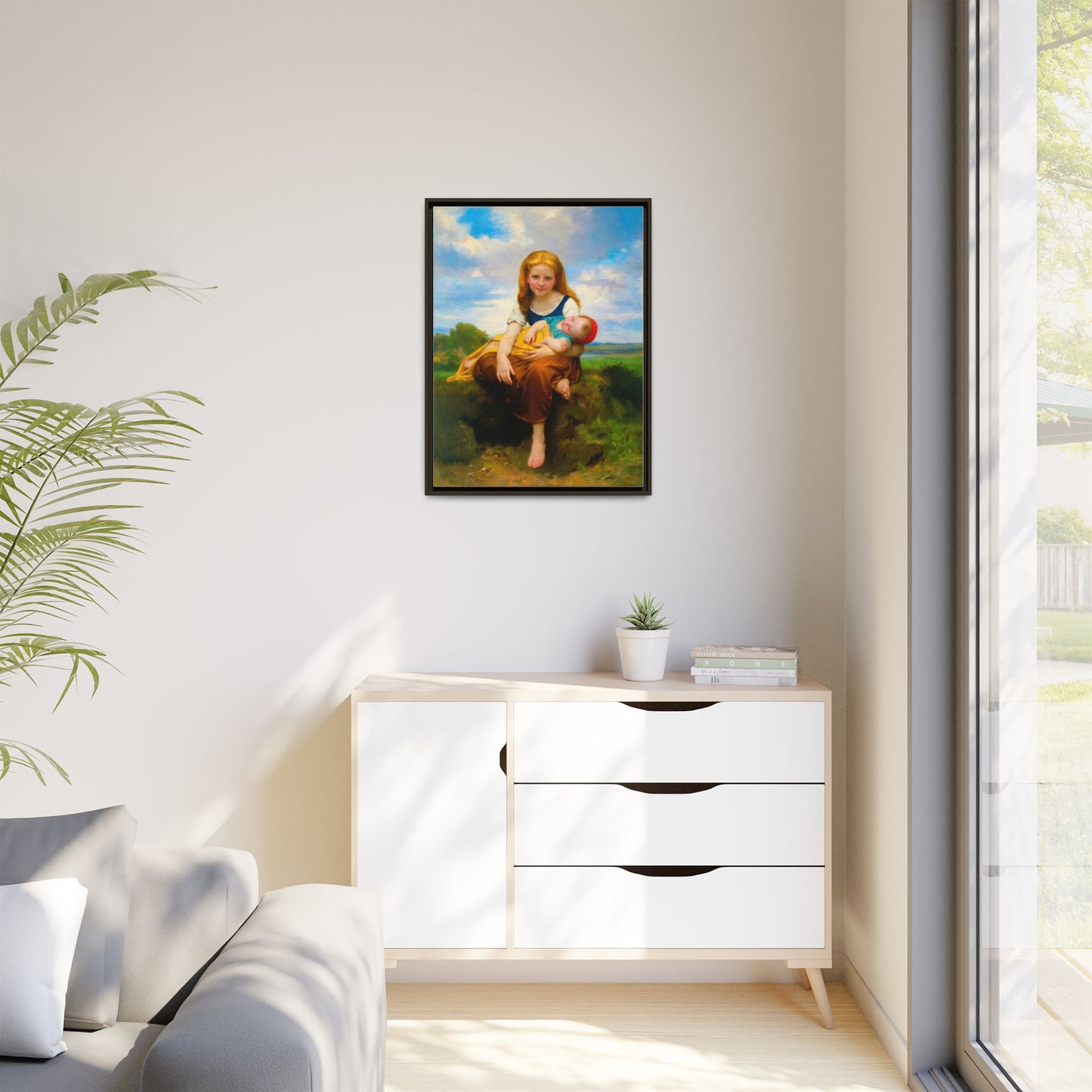 Young Girl Holding Sleeping Baby Canvas Print, Framed Wall Art
