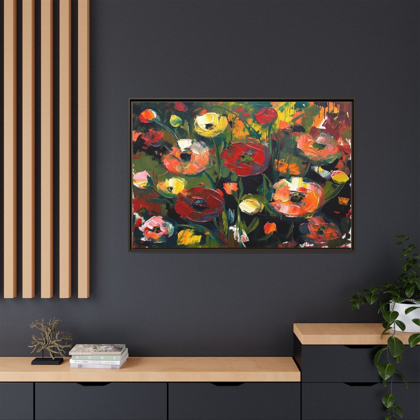 Framed Floral Canvas Print — Vibrant Abstract Poppies Wall Art