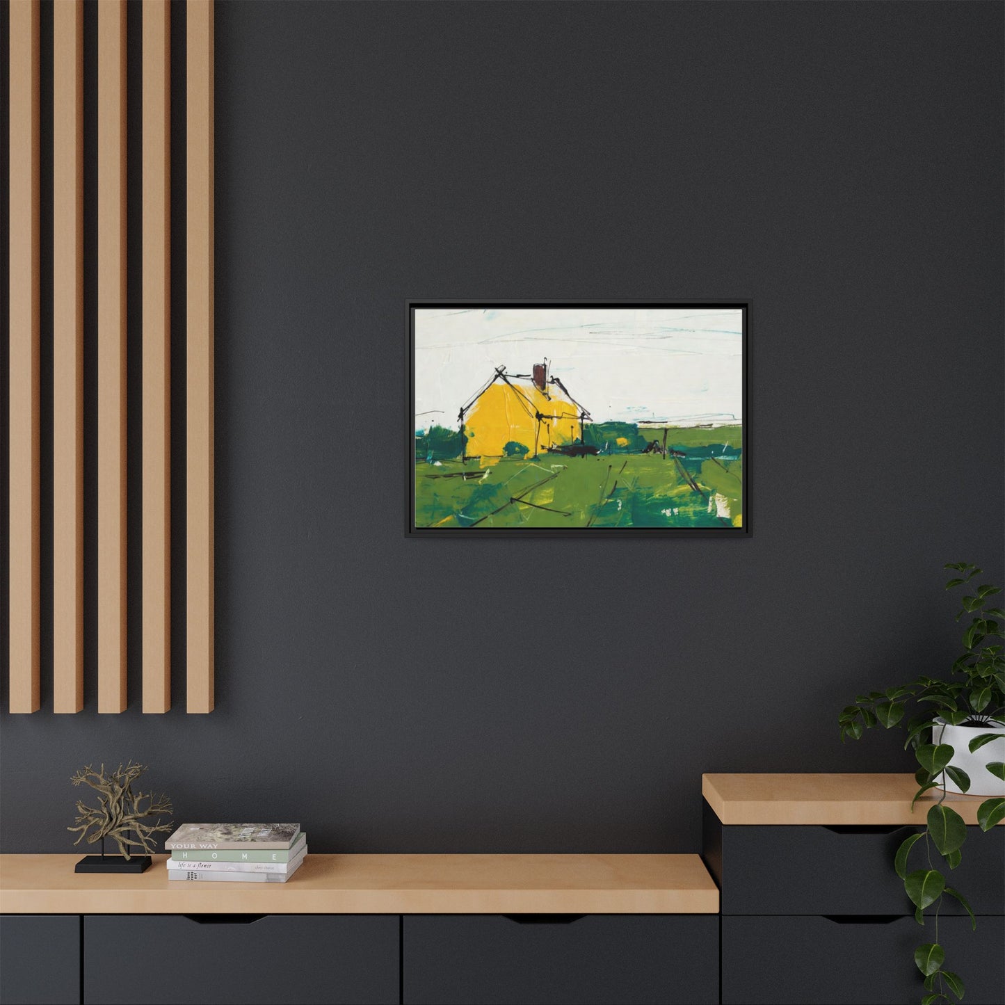 Yellow Cottage Landscape Framed Canvas Print