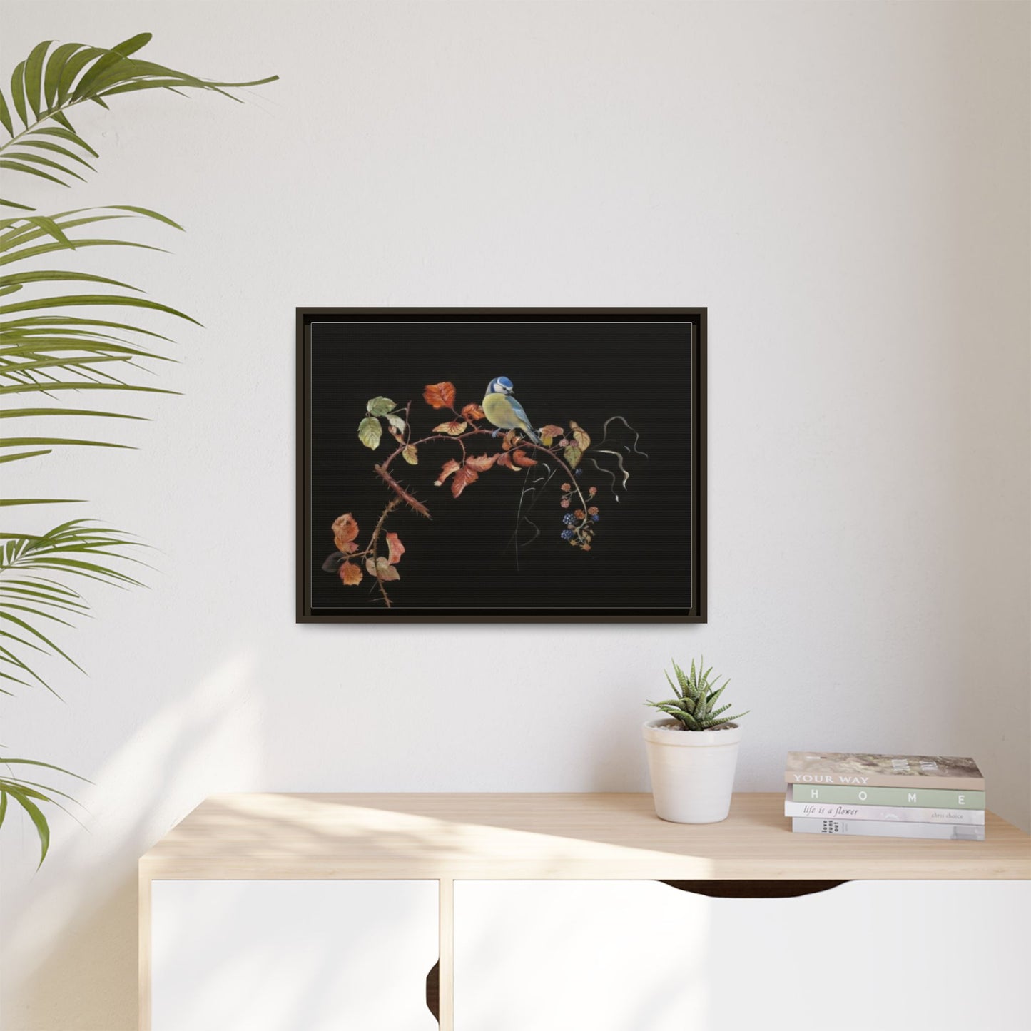 Framed Matte Canvas - Blue Tit on Autumn Branch Wall Art