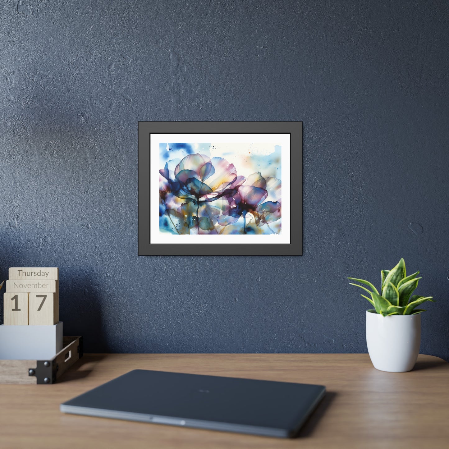 Abstract Blue Floral Framed Poster — Watercolor Flower Art Print