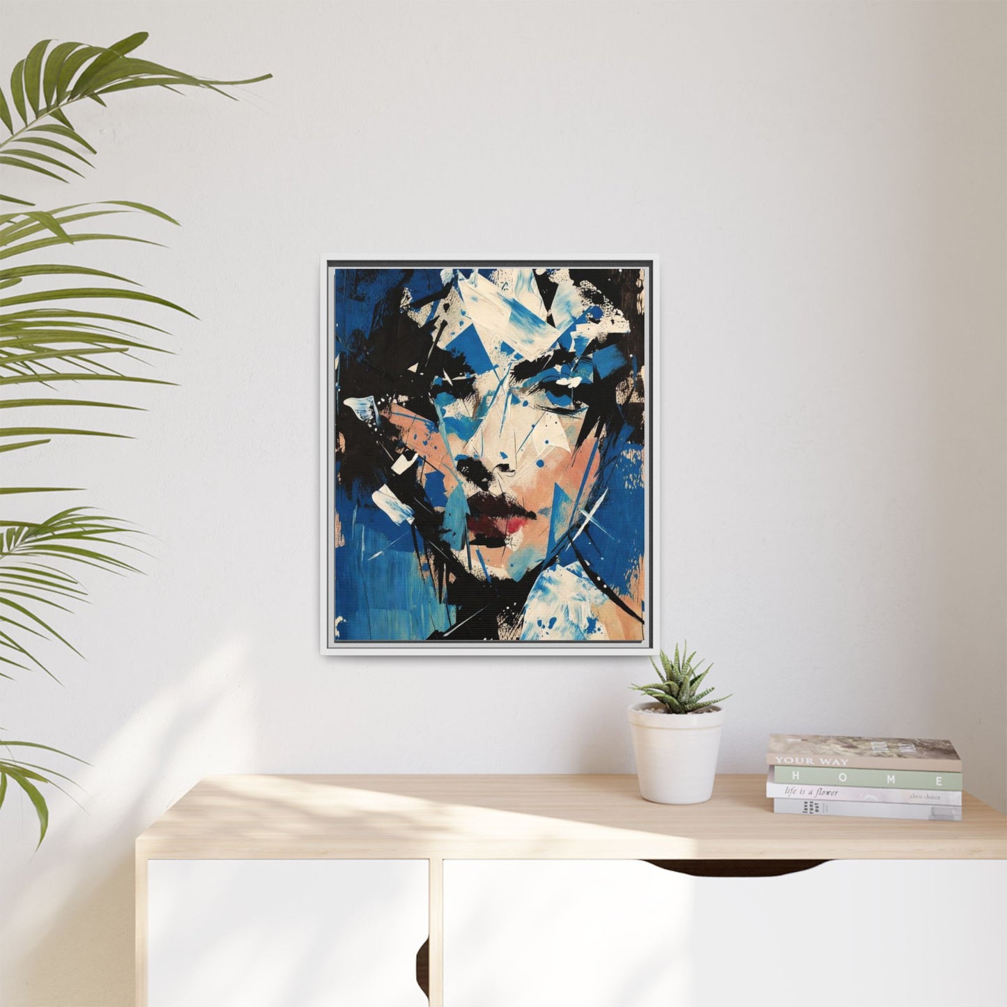 Abstract Portrait Matte Canvas Framed Wall Art — Blue Mixed-Media Face Print