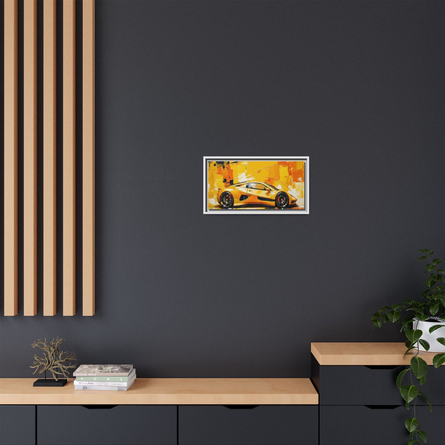 Yellow Sports Car Abstract Matte Canvas Framed Print