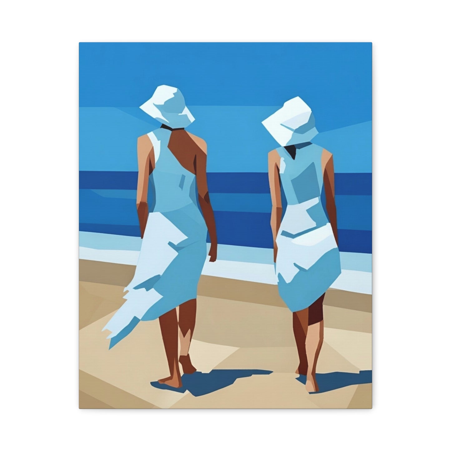 Beach Stroll Canvas Print — Two Women in Blue Sun Hats Matte Stretched