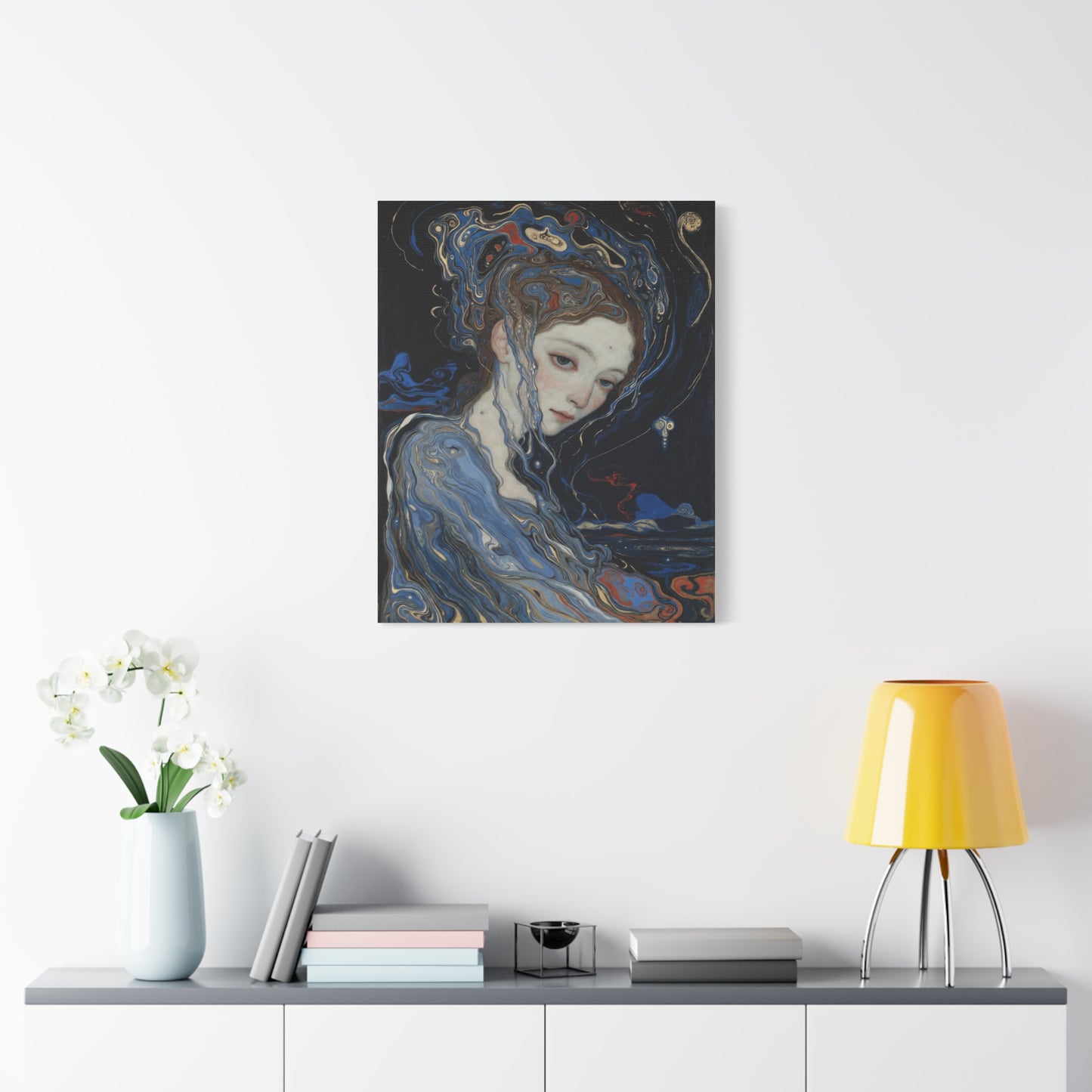 Ethereal Siren Matte Canvas Wall Art — Surreal Blue Portrait, Stretched 1.25"