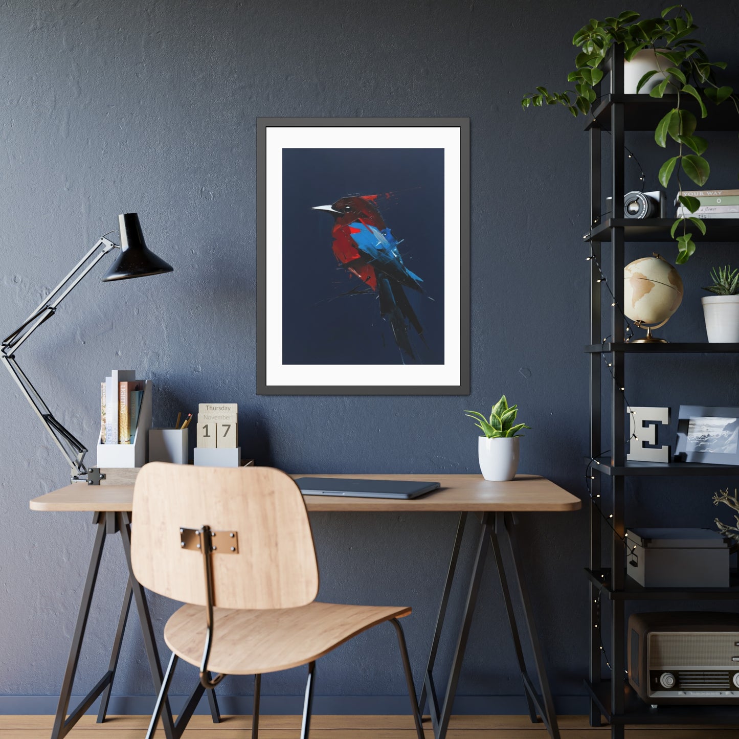 Framed Bird Art Print — Modern Red & Blue Kingfisher Poster