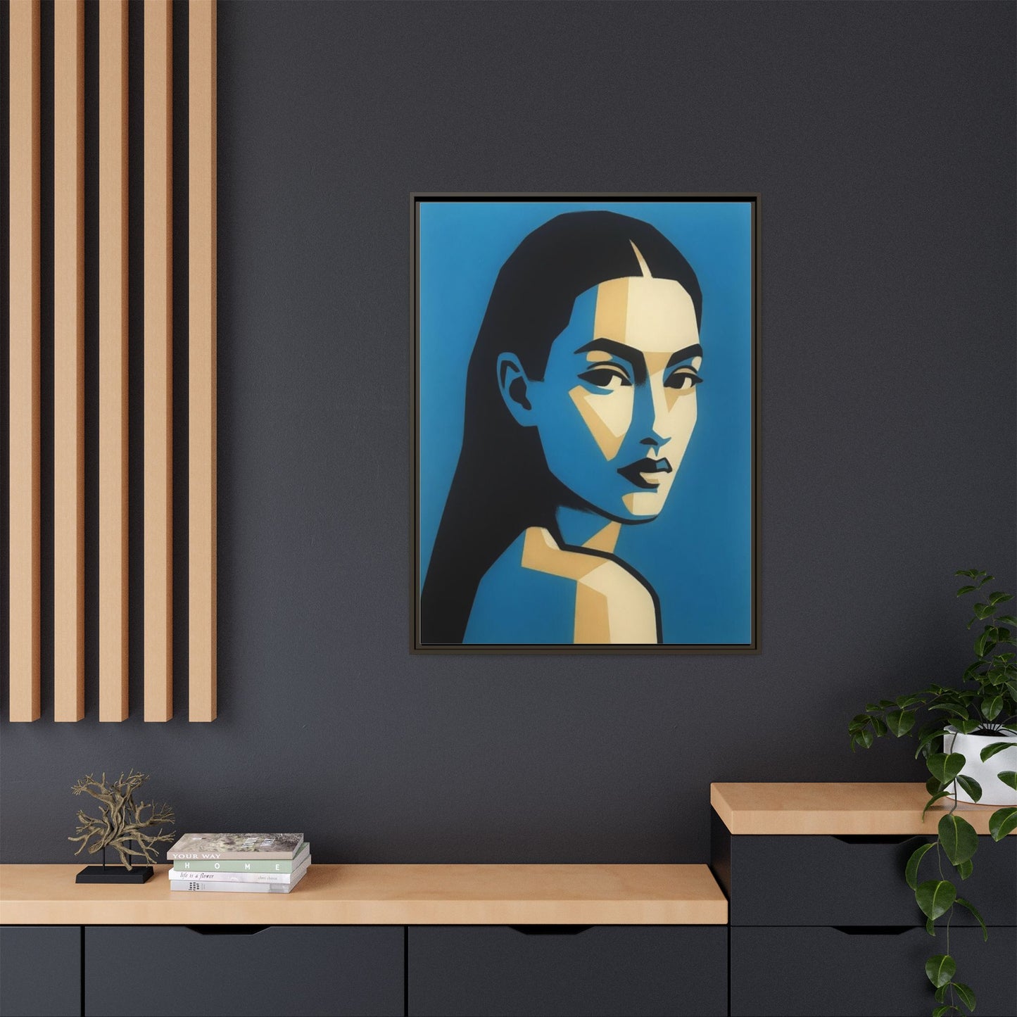 Framed Pop Art Portrait Canvas — Blue Geometric Woman Print