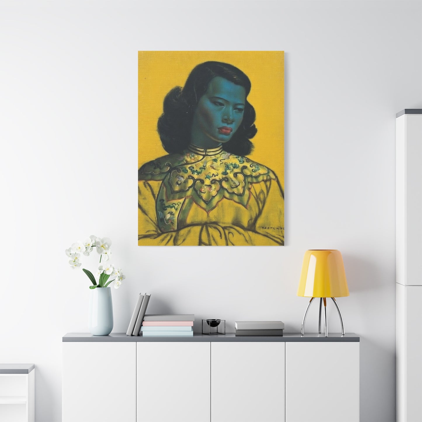 Vintage Portrait Canvas Print — Mid-Century Asian Woman Art on Yellow Background