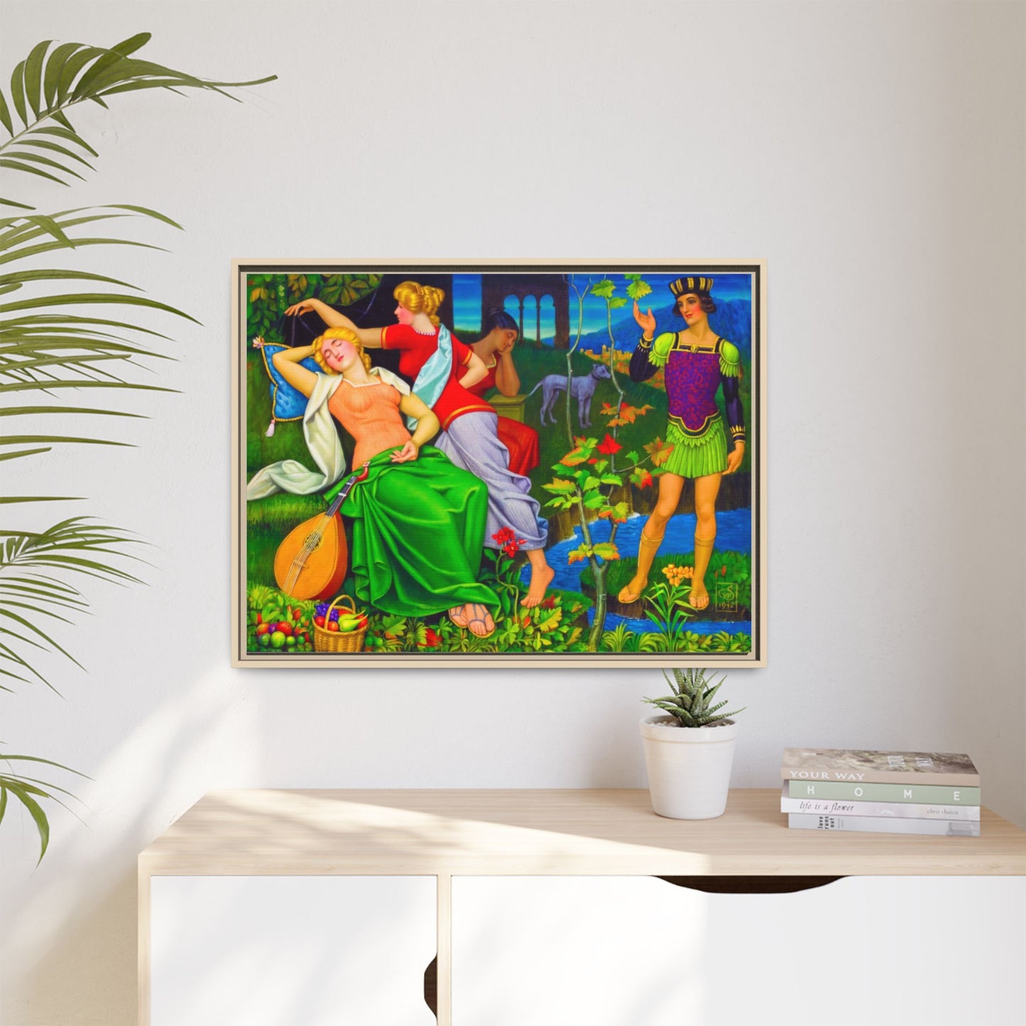 Framed Matte Canvas Art — Colorful Mythic Garden Scene