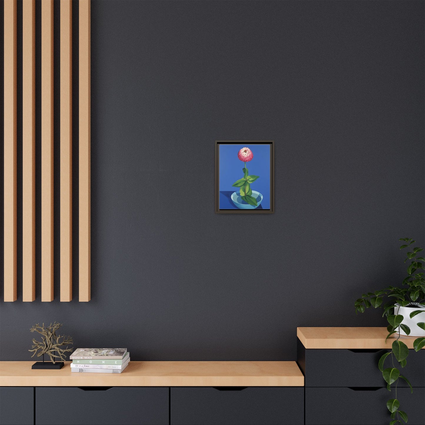 Framed Matte Canvas Art — Pink Zinnia in Blue Bowl (Botanical Still Life)
