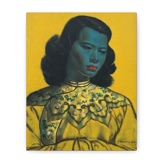Vintage Portrait Canvas Print — Mid-Century Asian Woman Art on Yellow Background