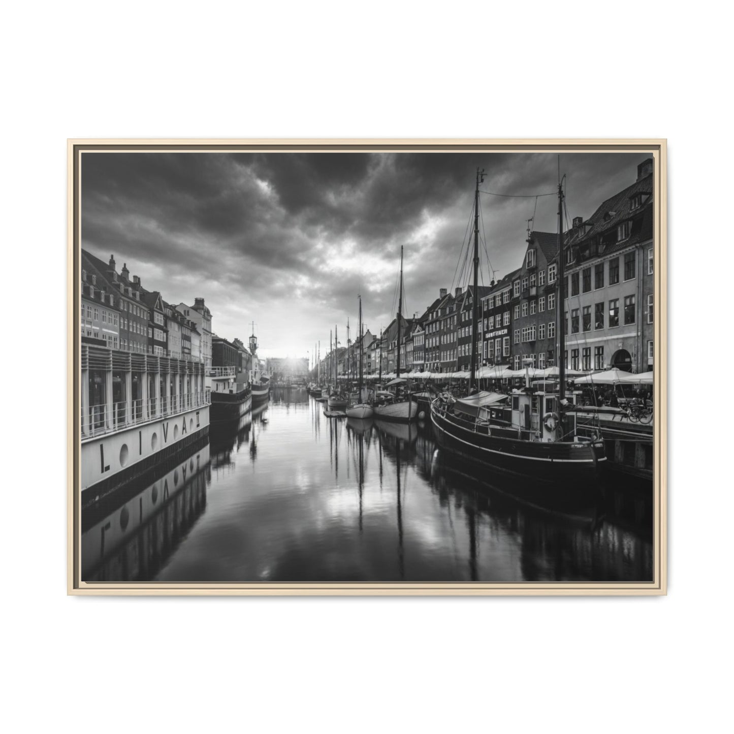 Framed Matte Canvas: Black & White Dutch Canal Photography Wall Art