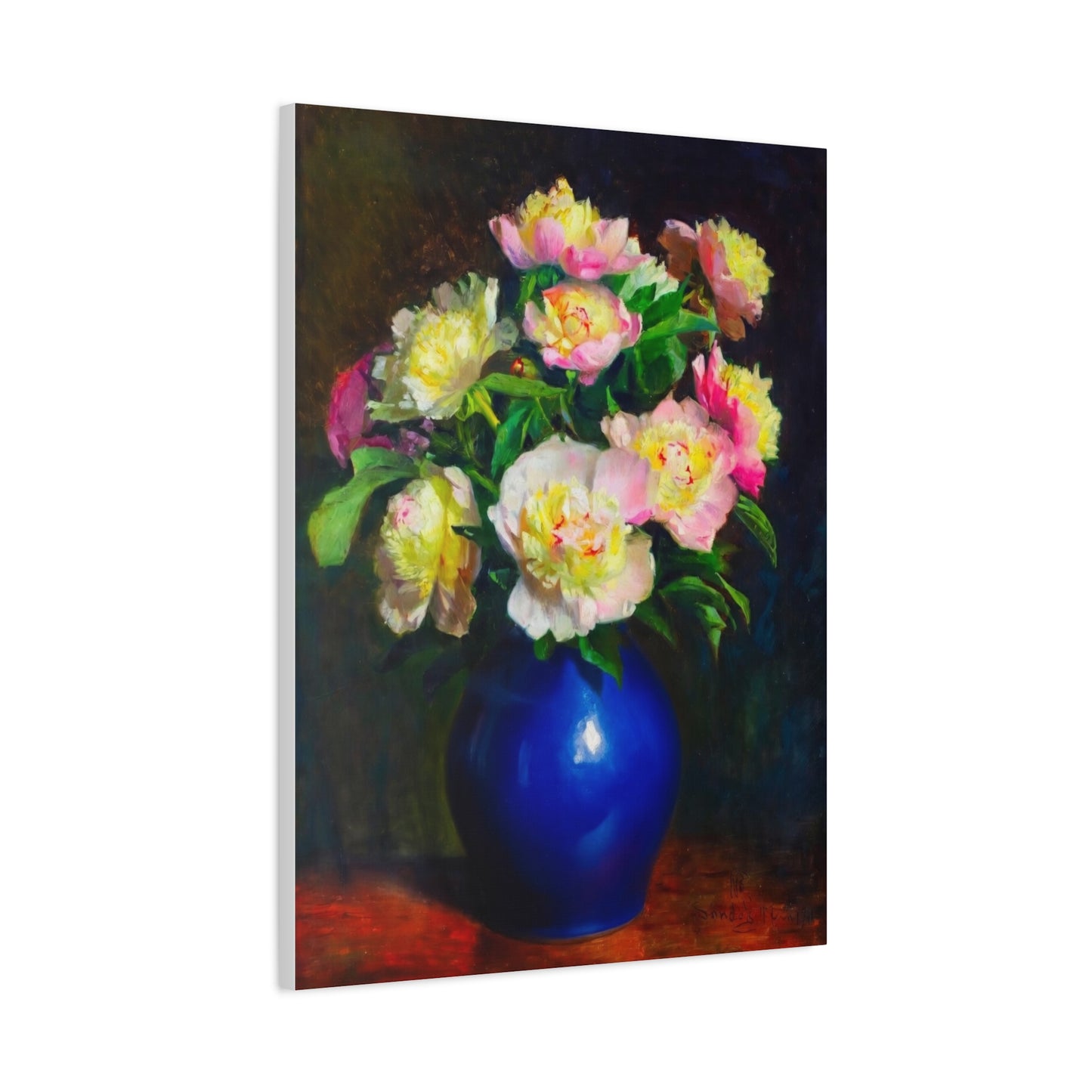 Peony Bouquet Canvas Print — Pink Peonies in Blue Vase, Stretched Matte Wall Art