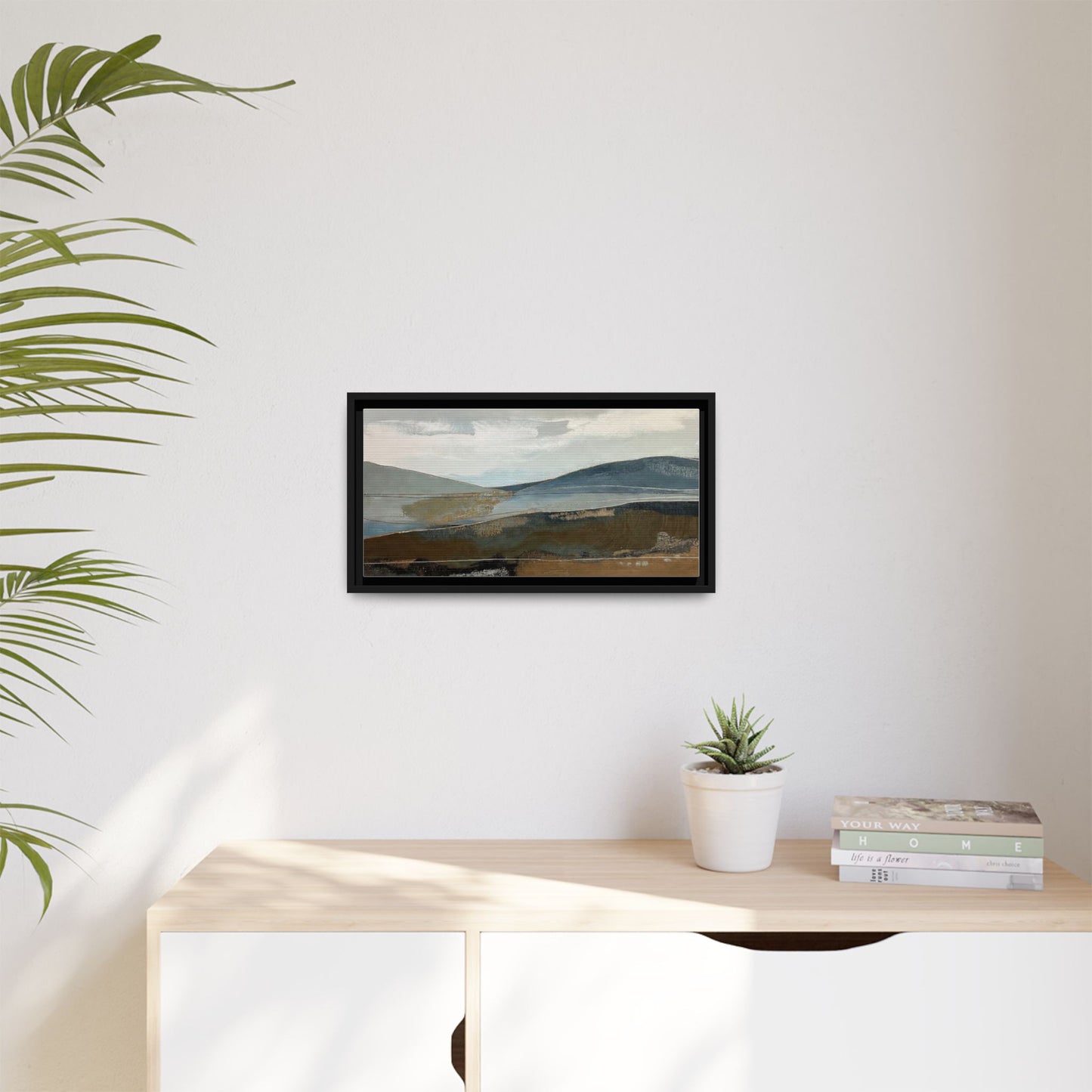 Framed Matte Canvas Landscape Art - Serene Abstract Hills in Blue & Earth Tones