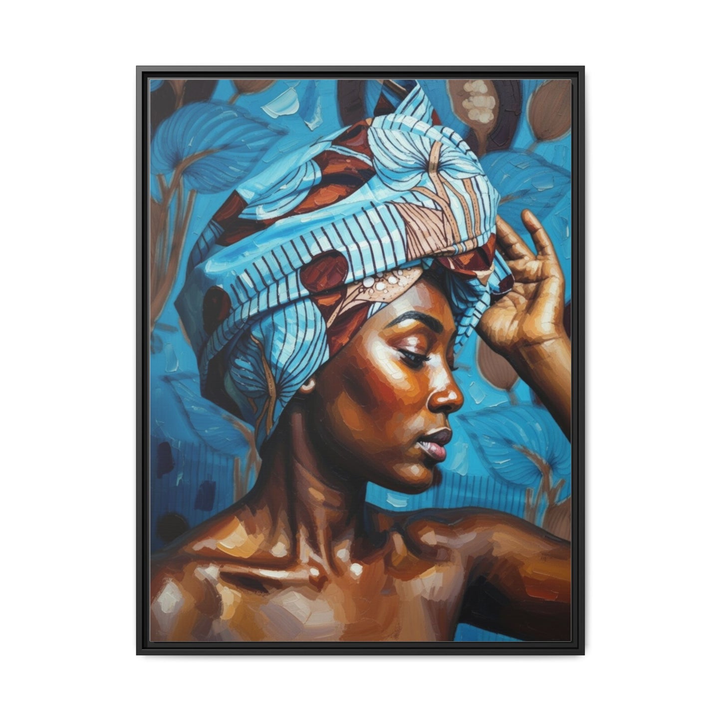 Framed Canvas Art — Portrait of Woman in Blue Headwrap
