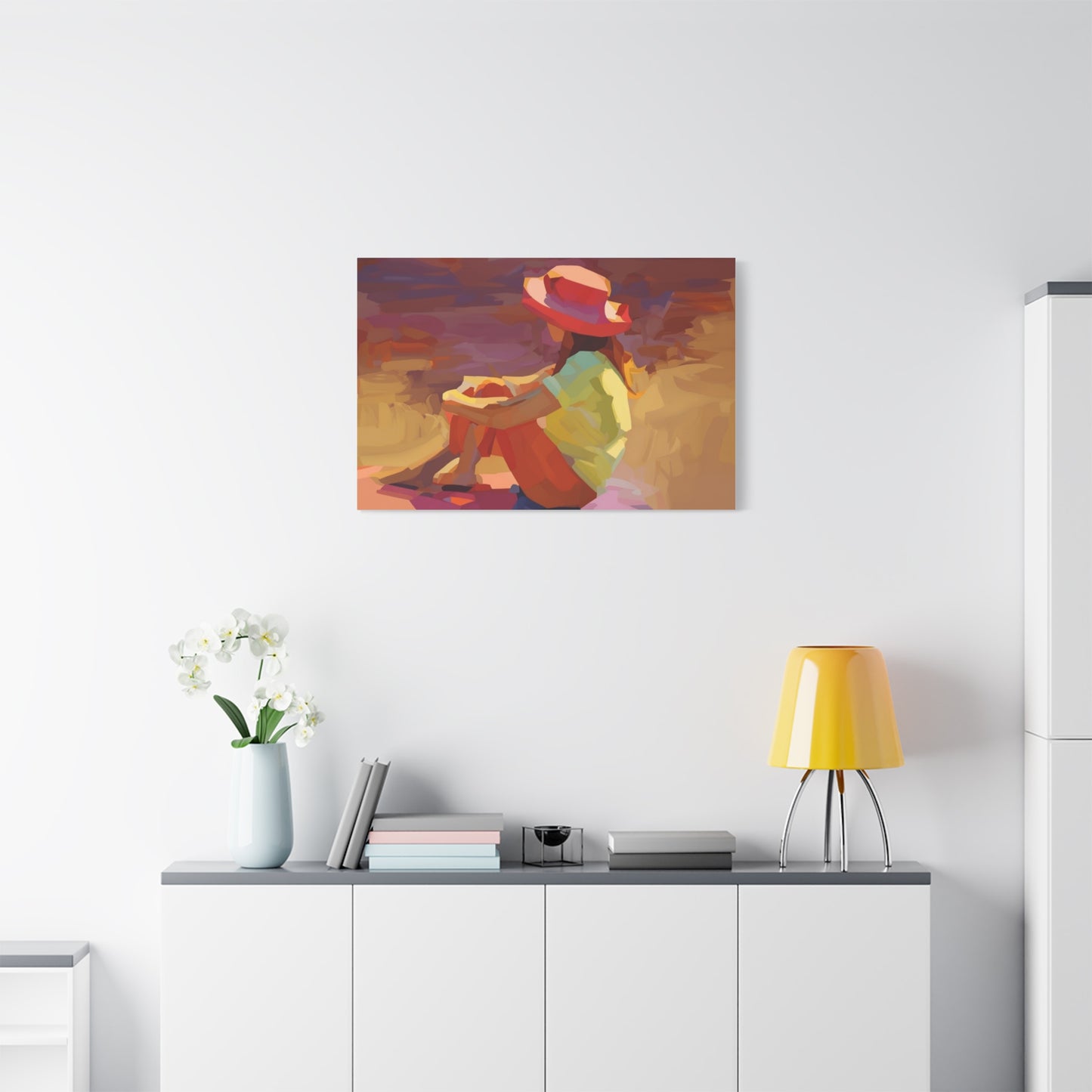 Sunset Daydream Canvas Art — Girl in Hat Matte Stretched Wall Art