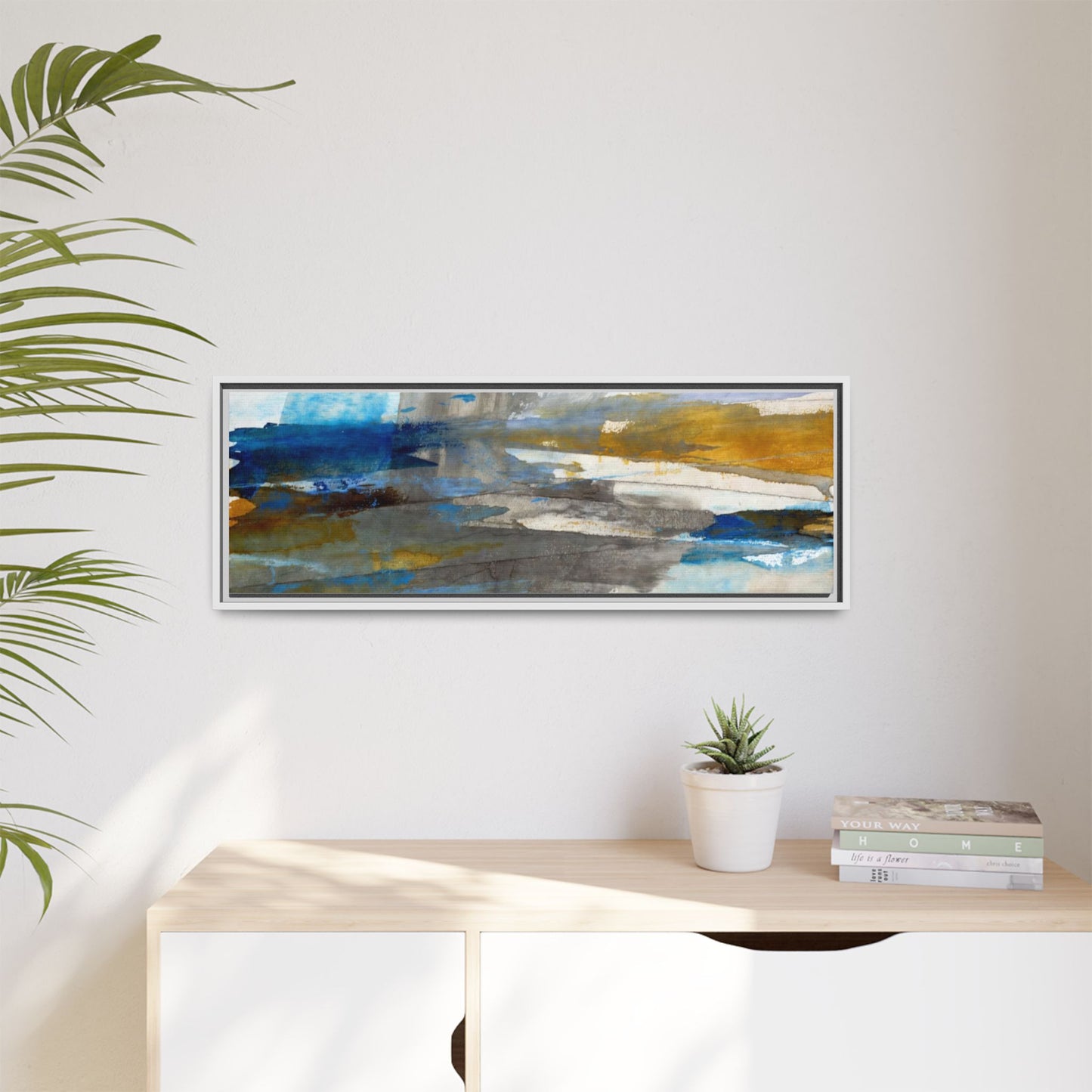 Abstract Blue & Gold Framed Canvas Art — Matte Multi-Color Wall Print