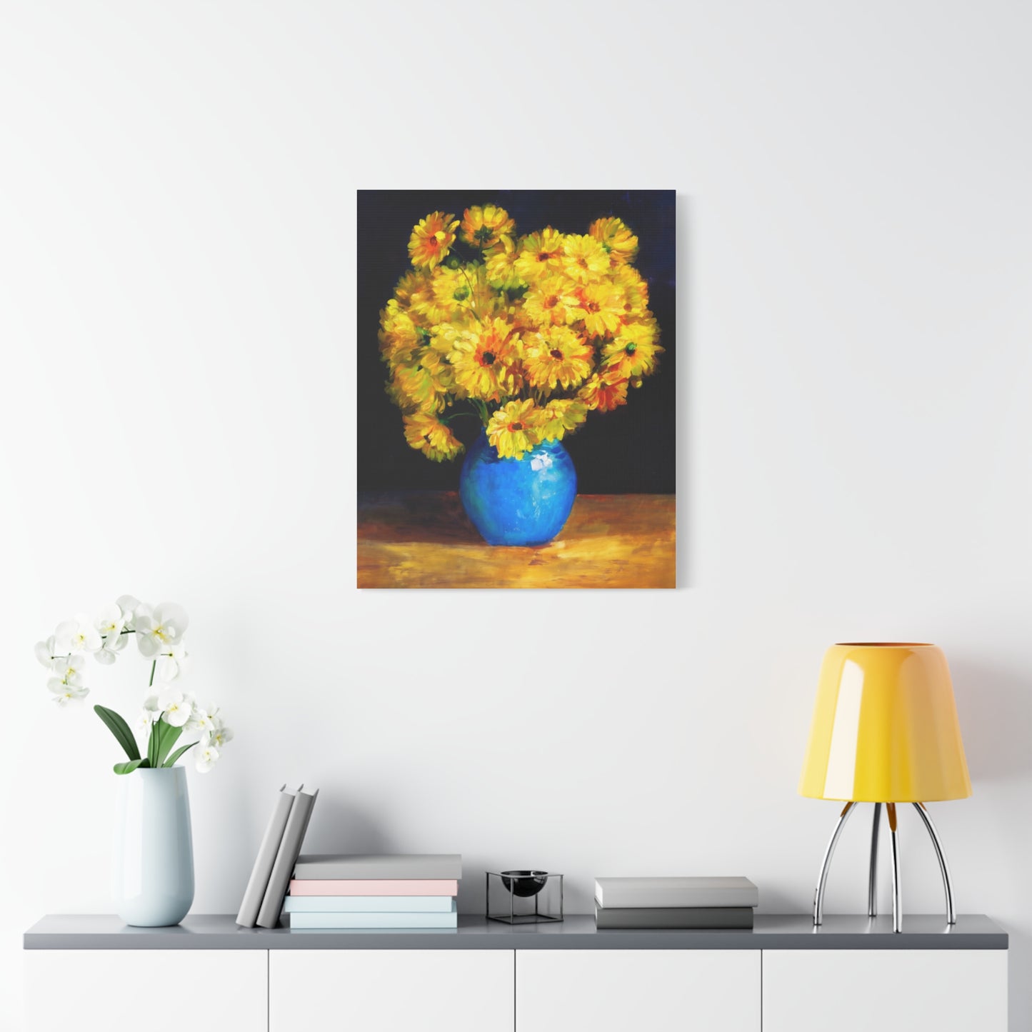 Yellow Chrysanthemum Canvas Wall Art — Blue Vase Floral Painting (Stretched Matte)