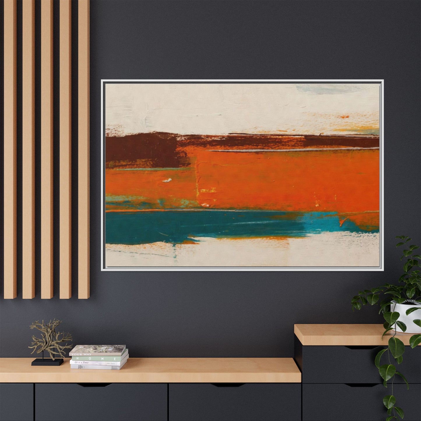Abstract Horizon Matte Canvas Framed Print — Modern Orange Teal Wall Art